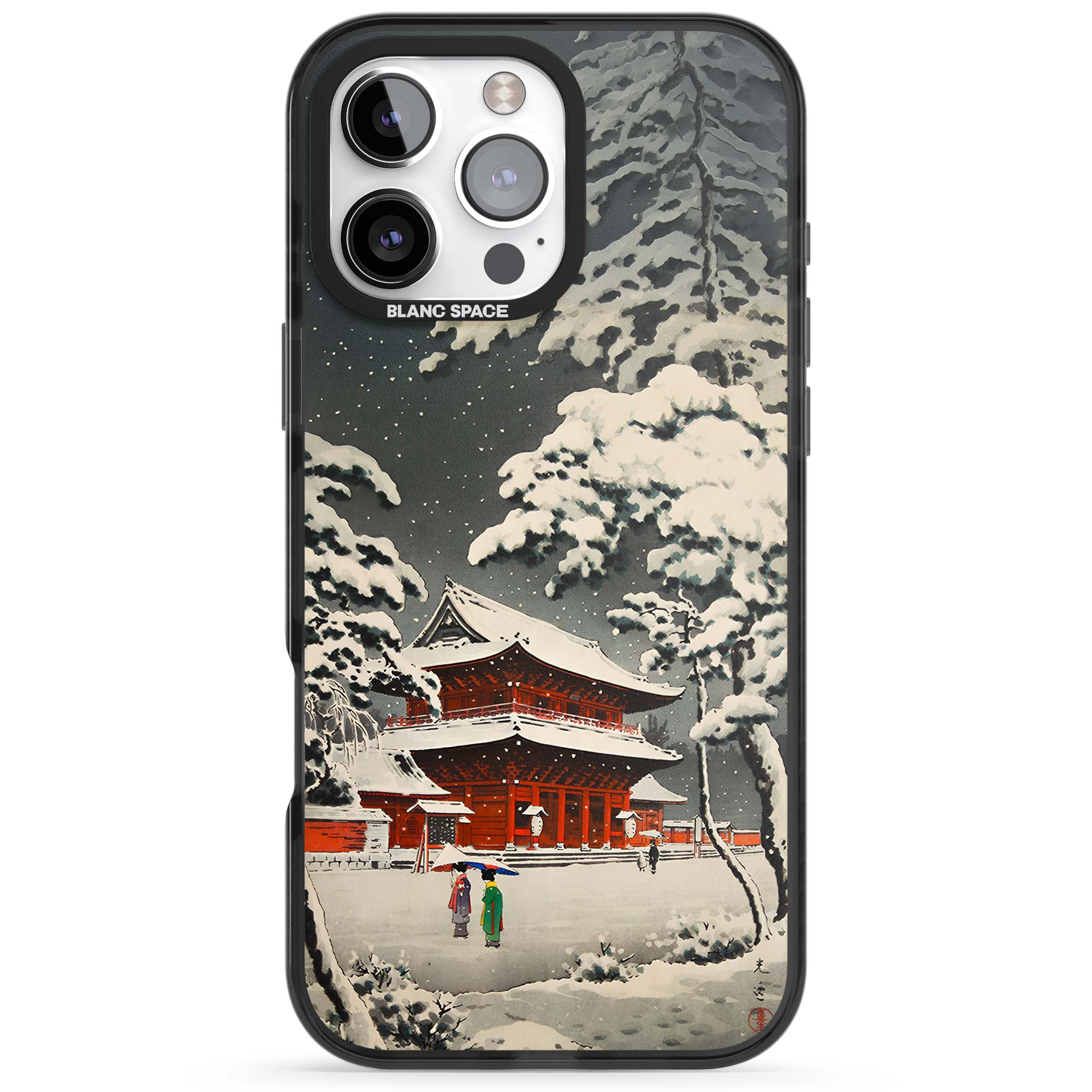Snow at Shiha Park, Tokyo Japanese art iPhone case featuring a vintage ukiyo-e snowy temple, red pagoda, and snow-covered pin | Black Impact Magsafe case for iPhone 16 Pro, iPhone 16 Pro Max