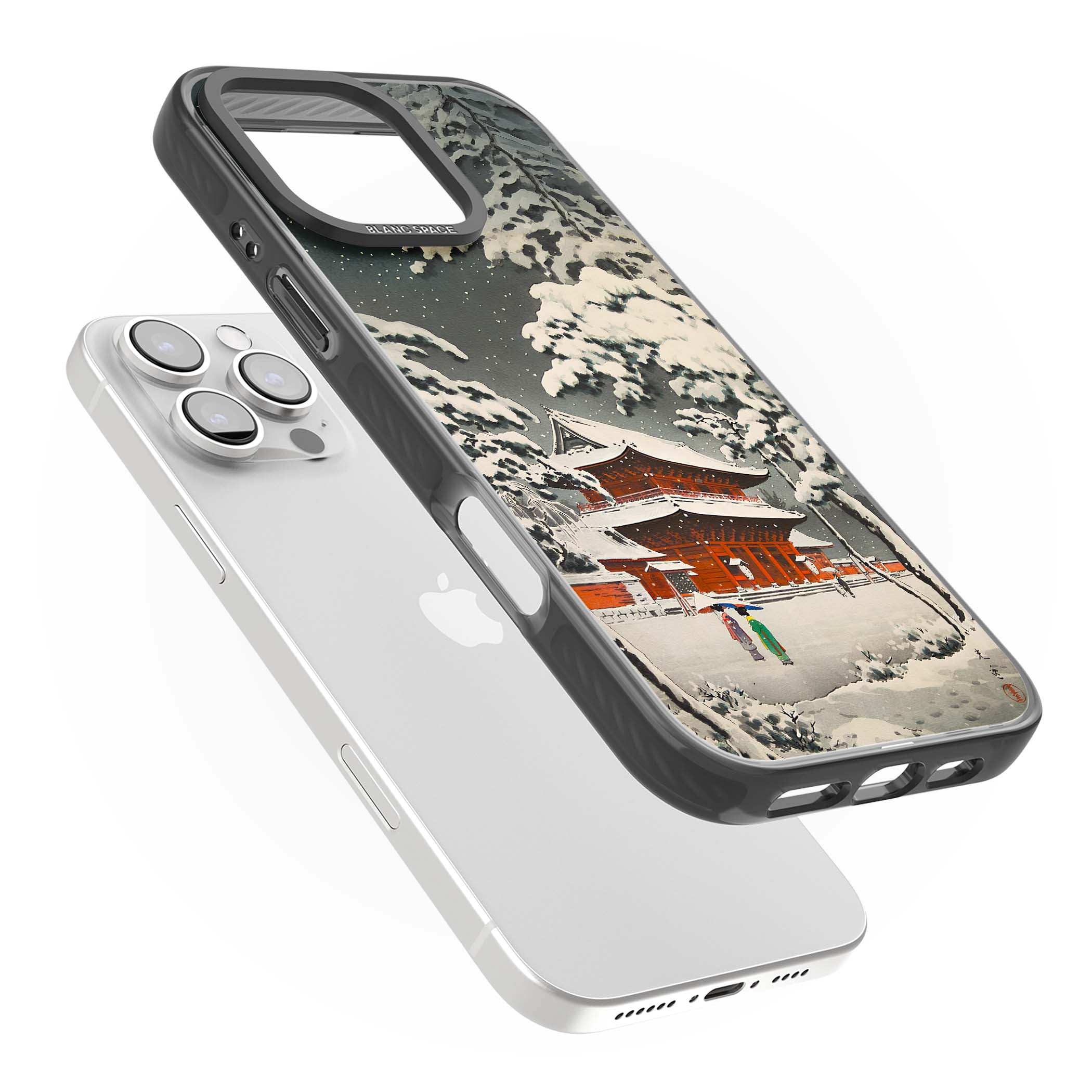 Snow at Shiha Park, Tokyo Japanese art iPhone case featuring a vintage ukiyo-e snowy temple, red pagoda, and snow-covered pin | Black Impact Magsafe case for iPhone 16 Pro, iPhone 16 Pro Max