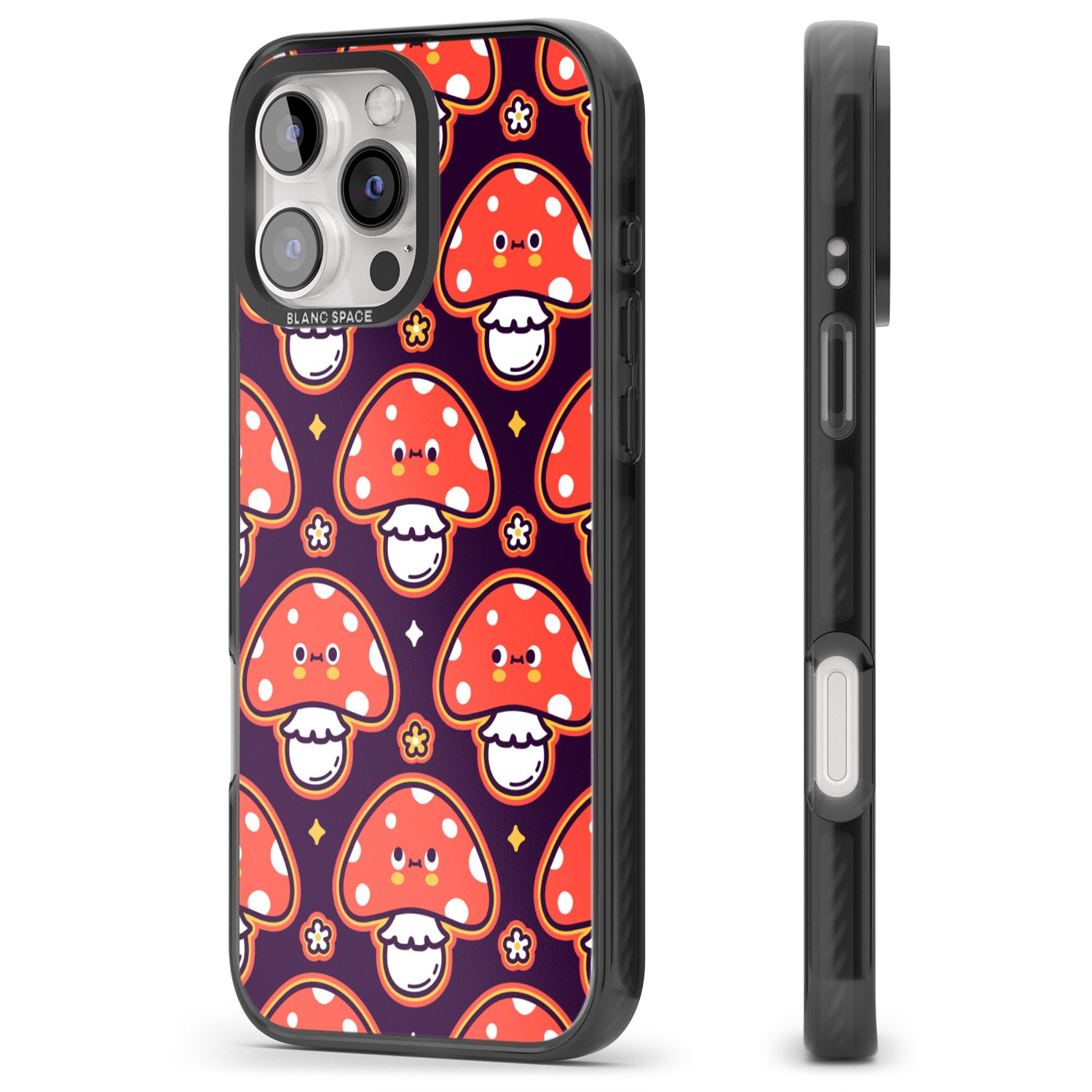 iPhone 16 Pro Max Mushroom Kawaii Pattern Black Impact Phone Case