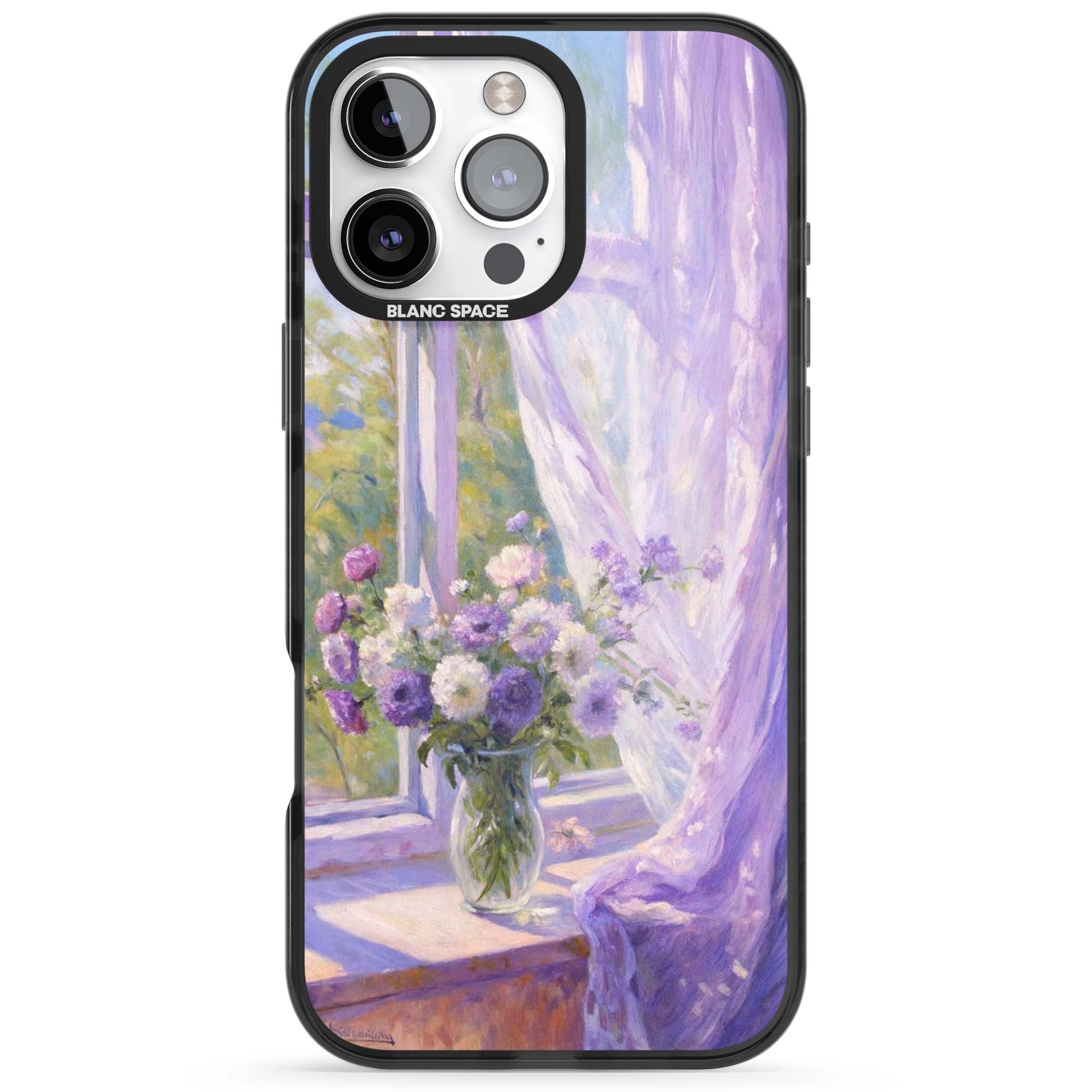 A Provence Morning impressionist art iPhone case featuring a vase of purple flowers, sunlit window and sheer curt | Black Impact Magsafe case for iPhone 16 Pro, iPhone 16 Pro Max