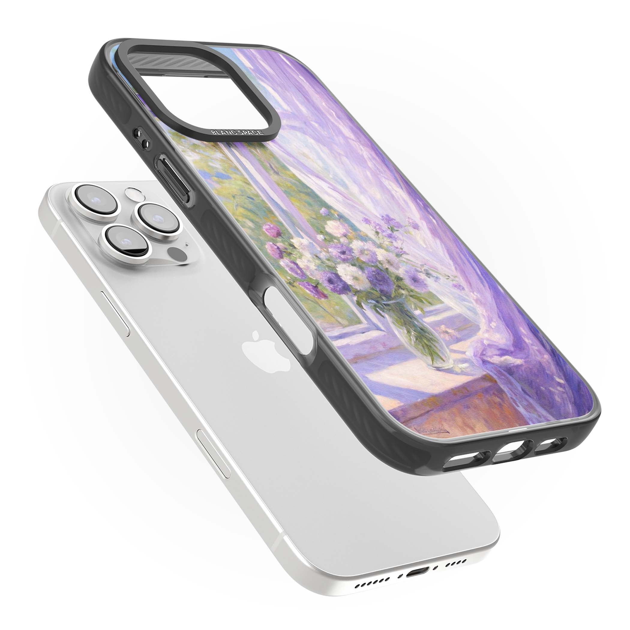 A Provence Morning impressionist art iPhone case featuring a vase of purple flowers, sunlit window and sheer curt | Black Impact Magsafe case for iPhone 16 Pro, iPhone 16 Pro Max