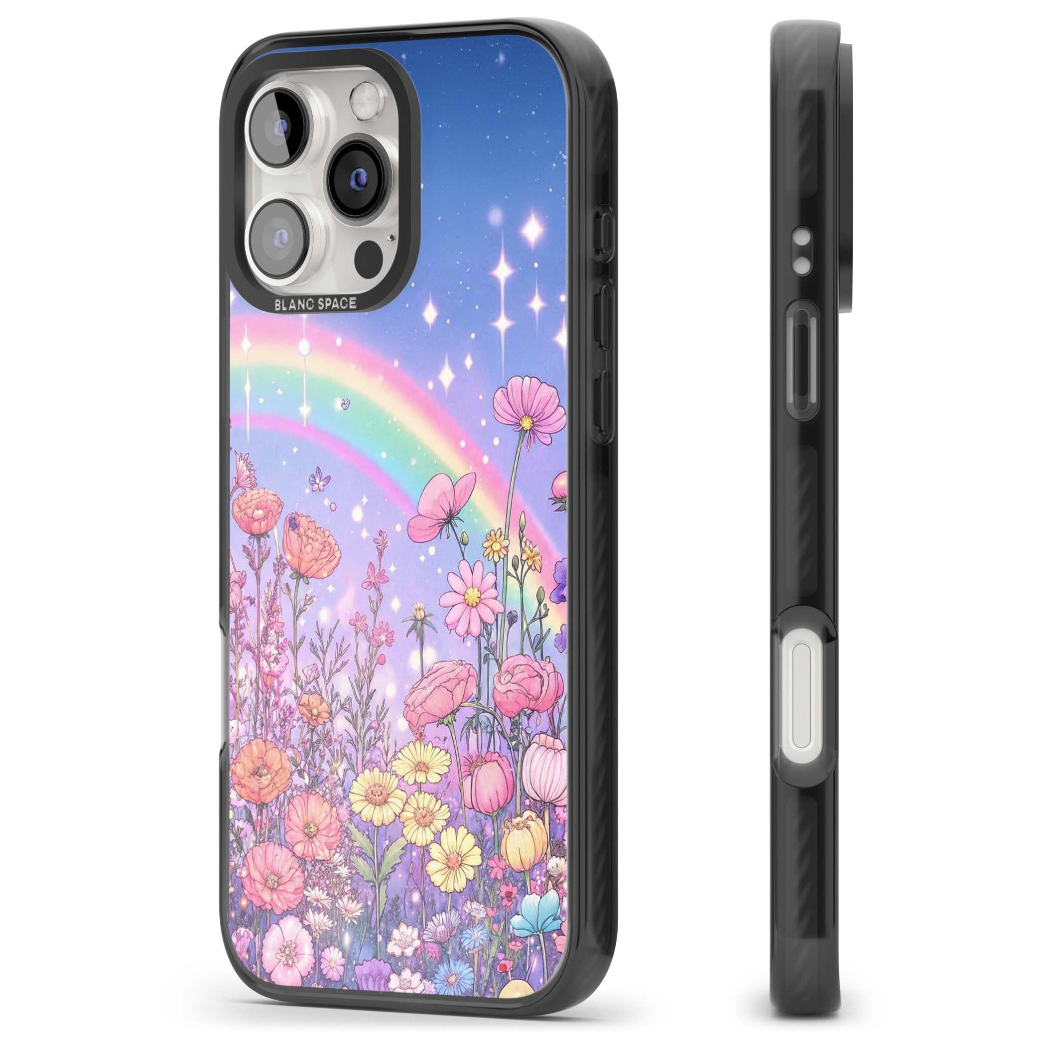 Magical Meadow fairycore iPhone case featuring a pastel rainbow, sparkling stars and a wildflower meadow | Black Impact Magsafe case for iPhone 16 Pro, iPhone 16 Pro Max