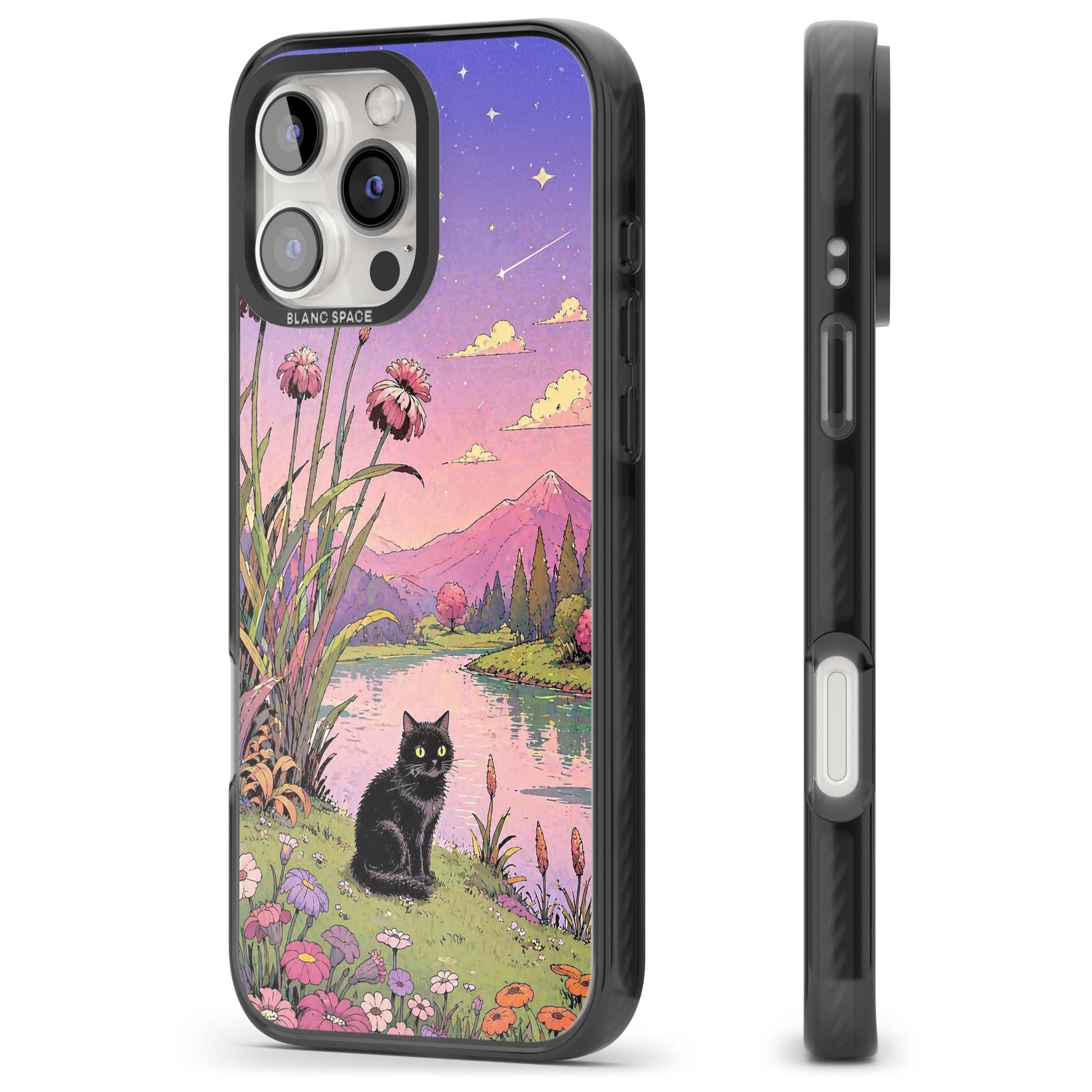 Mystic Whiskers ghibli iPhone case featuring a black cat by a pastel lake, wildflowers and a starry sunset sky | Black Impact Magsafe case for iPhone 16 Pro, iPhone 16 Pro Max
