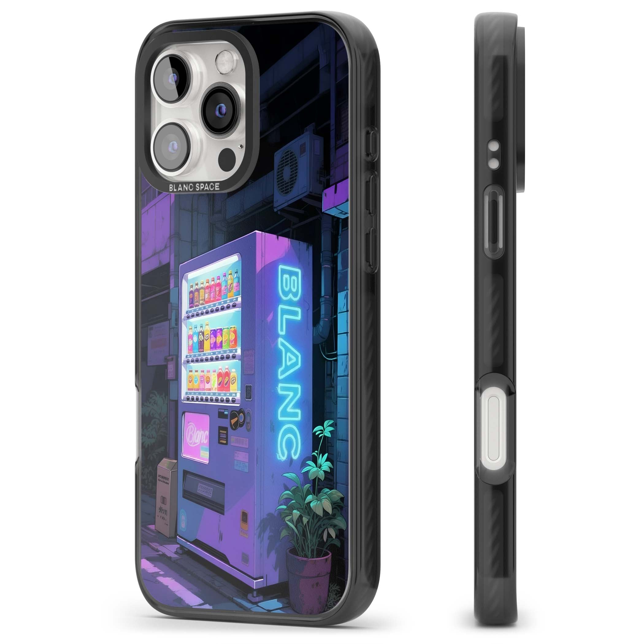 Shibuya Glow Japanese iPhone case featuring a glowing Tokyo vending machine, neon signage, and moody purple alleyway | Black Impact Magsafe case for iPhone 16 Pro, iPhone 16 Pro Max