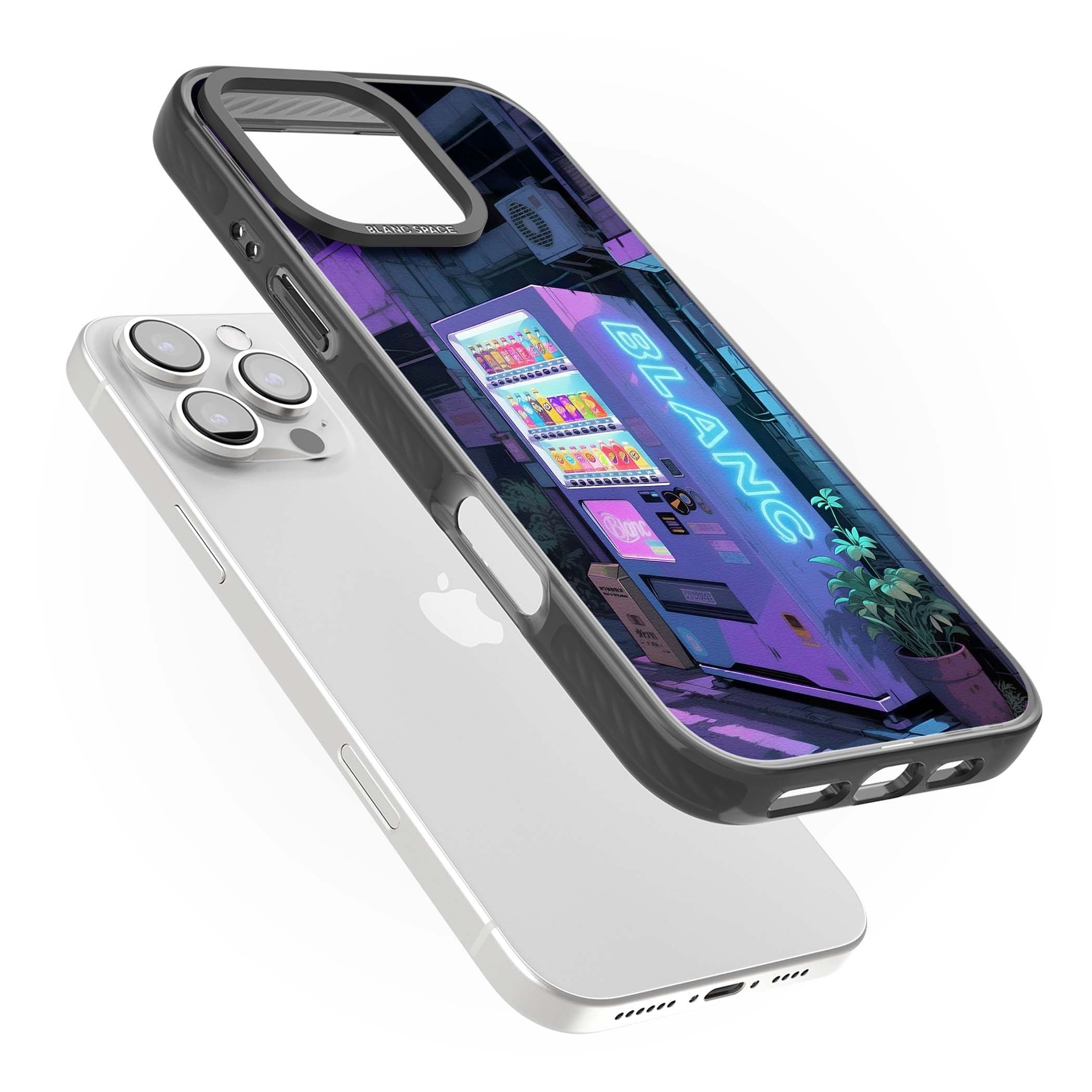 Shibuya Glow Japanese iPhone case featuring a glowing Tokyo vending machine, neon signage, and moody purple alleyway | Black Impact Magsafe case for iPhone 16 Pro, iPhone 16 Pro Max