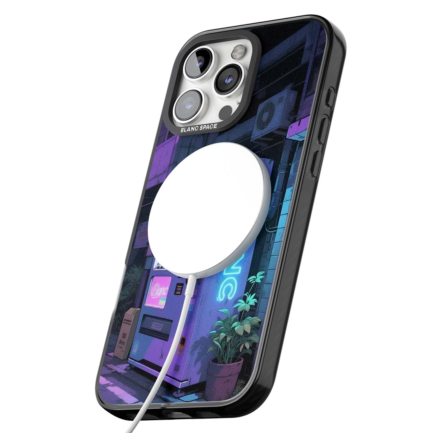 Shibuya Glow Japanese iPhone case featuring a glowing Tokyo vending machine, neon signage, and moody purple alleyway | Black Impact Magsafe case for iPhone 16 Pro, iPhone 16 Pro Max