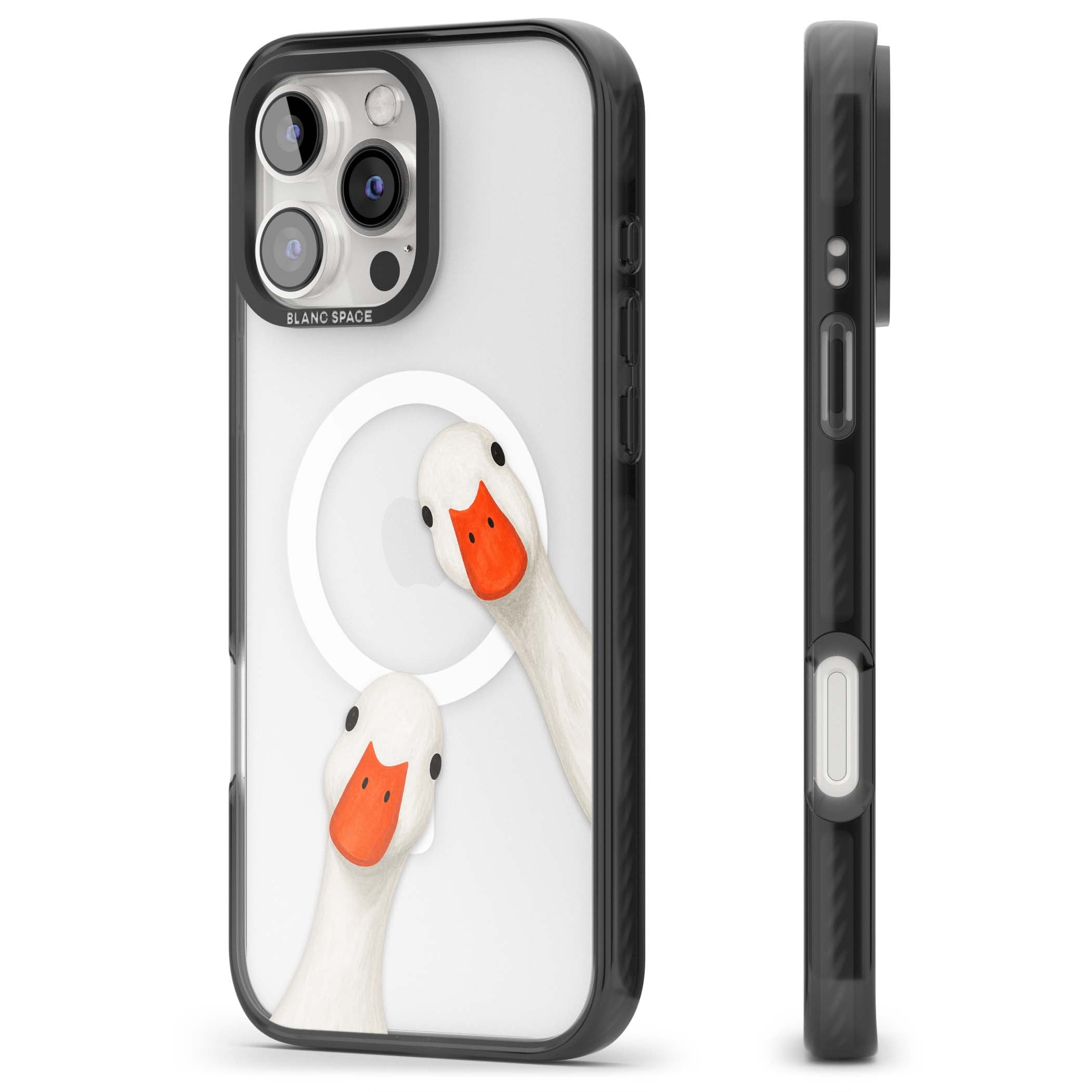 Nosy Ducks cottagecore iPhone case featuring two peeking white ducks with orange beaks on a clear background | Black Impact Magsafe case for iPhone 16 Pro, iPhone 16 Pro Max
