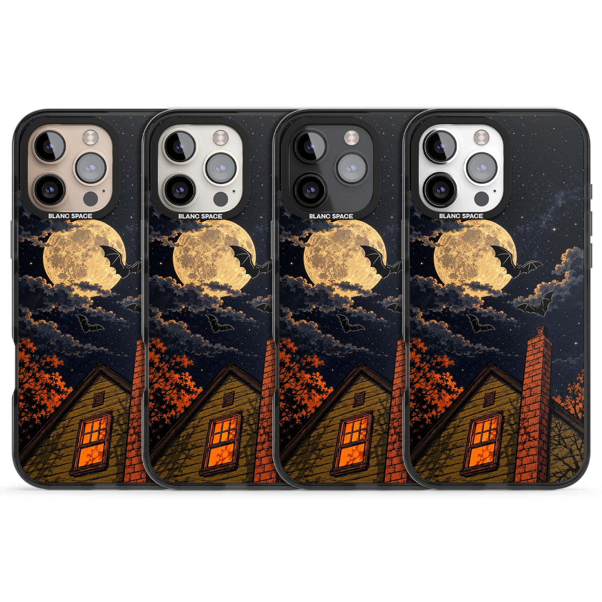 Hollows Eve Halloween iPhone case featuring a haunted house, full moon and flying bats against a starry autumn sky | Black Impact Magsafe case for iPhone 16 Pro, iPhone 16 Pro Max