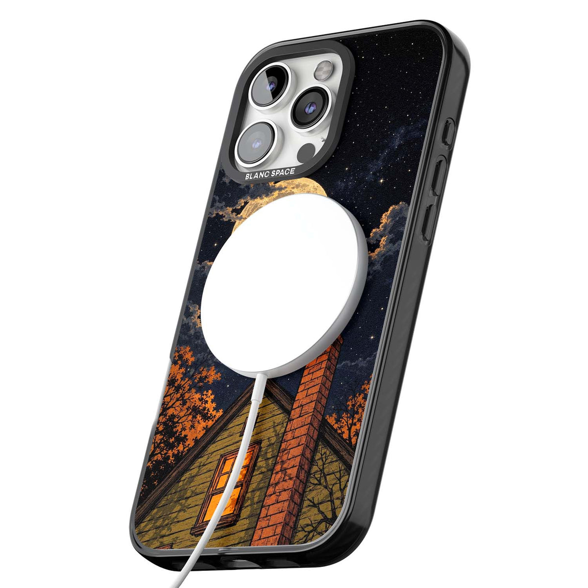 Hollows Eve Halloween iPhone case featuring a haunted house, full moon and flying bats against a starry autumn sky | Black Impact Magsafe case for iPhone 16 Pro, iPhone 16 Pro Max