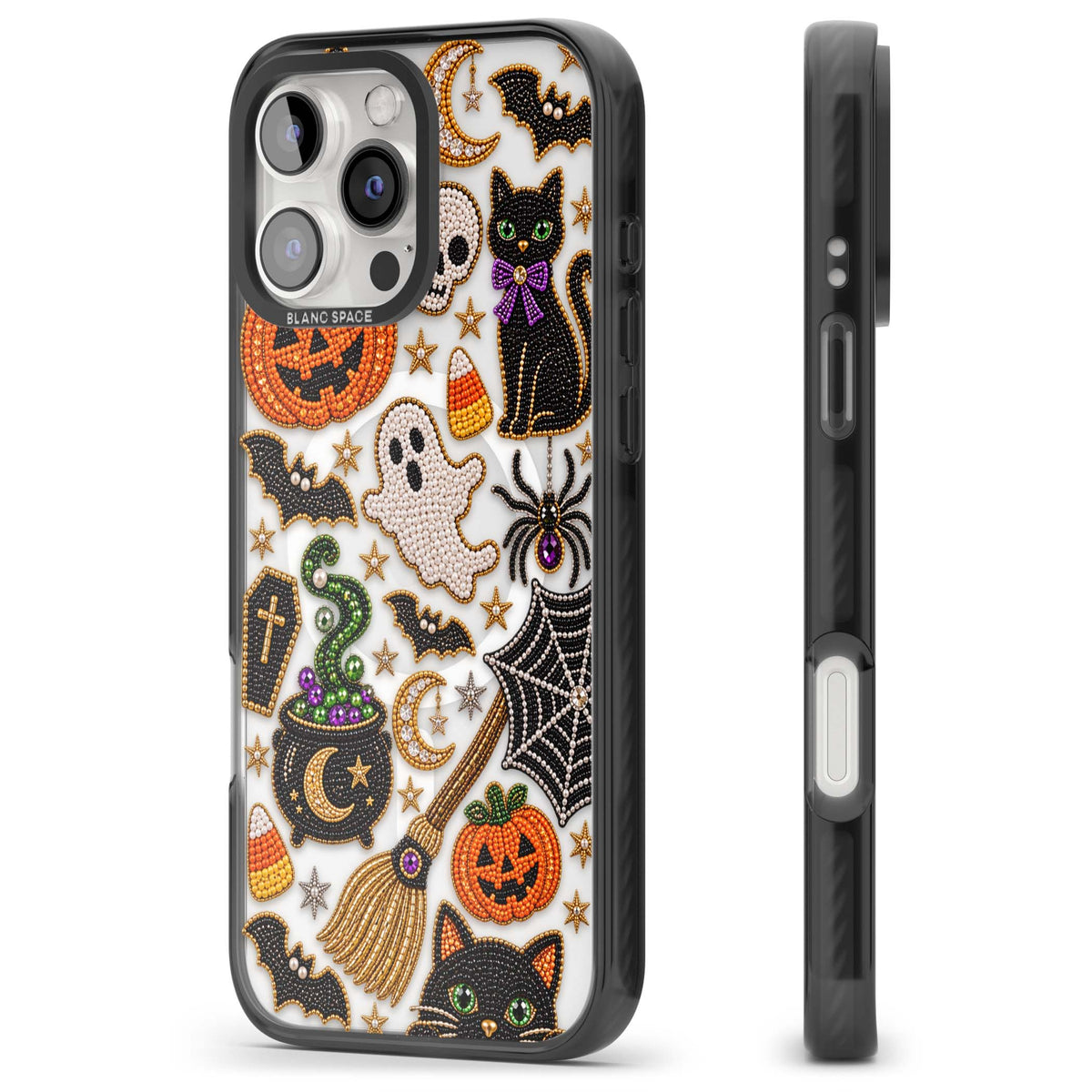 Beaded Halloween Halloween iPhone case featuring beaded pumpkins, ghosts, black cats and bats | Black Impact Magsafe case for iPhone 16 Pro, iPhone 16 Pro Max