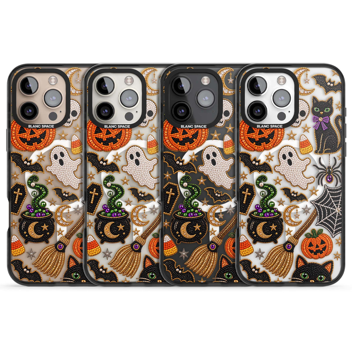Beaded Halloween Halloween iPhone case featuring beaded pumpkins, ghosts, black cats and bats | Black Impact Magsafe case for iPhone 16 Pro, iPhone 16 Pro Max