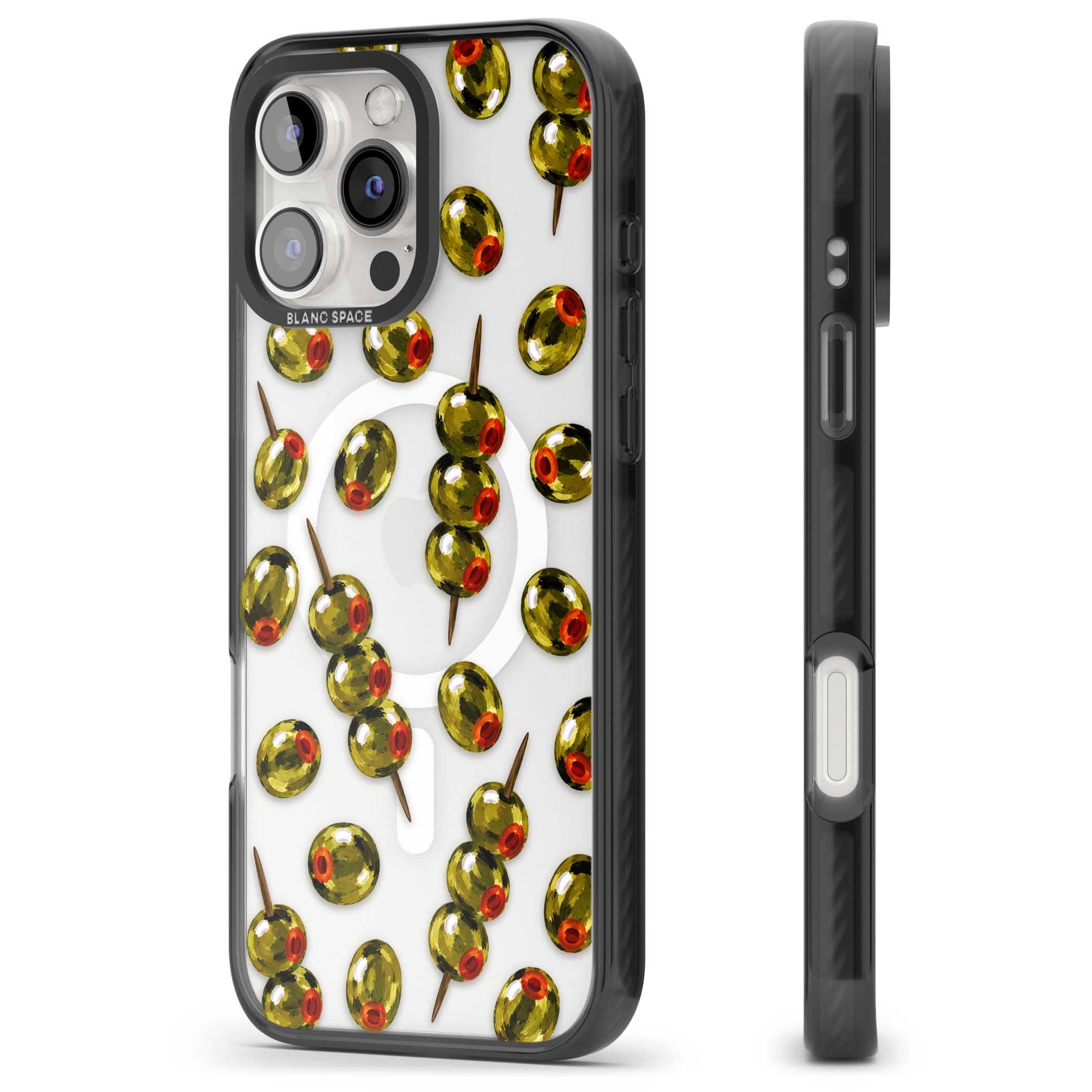 Painted Olives cocktail iPhone case featuring green olives, pimento centres and toothpick skewers on a clear background | Black Impact Magsafe case for iPhone 16 Pro, iPhone 16 Pro Max