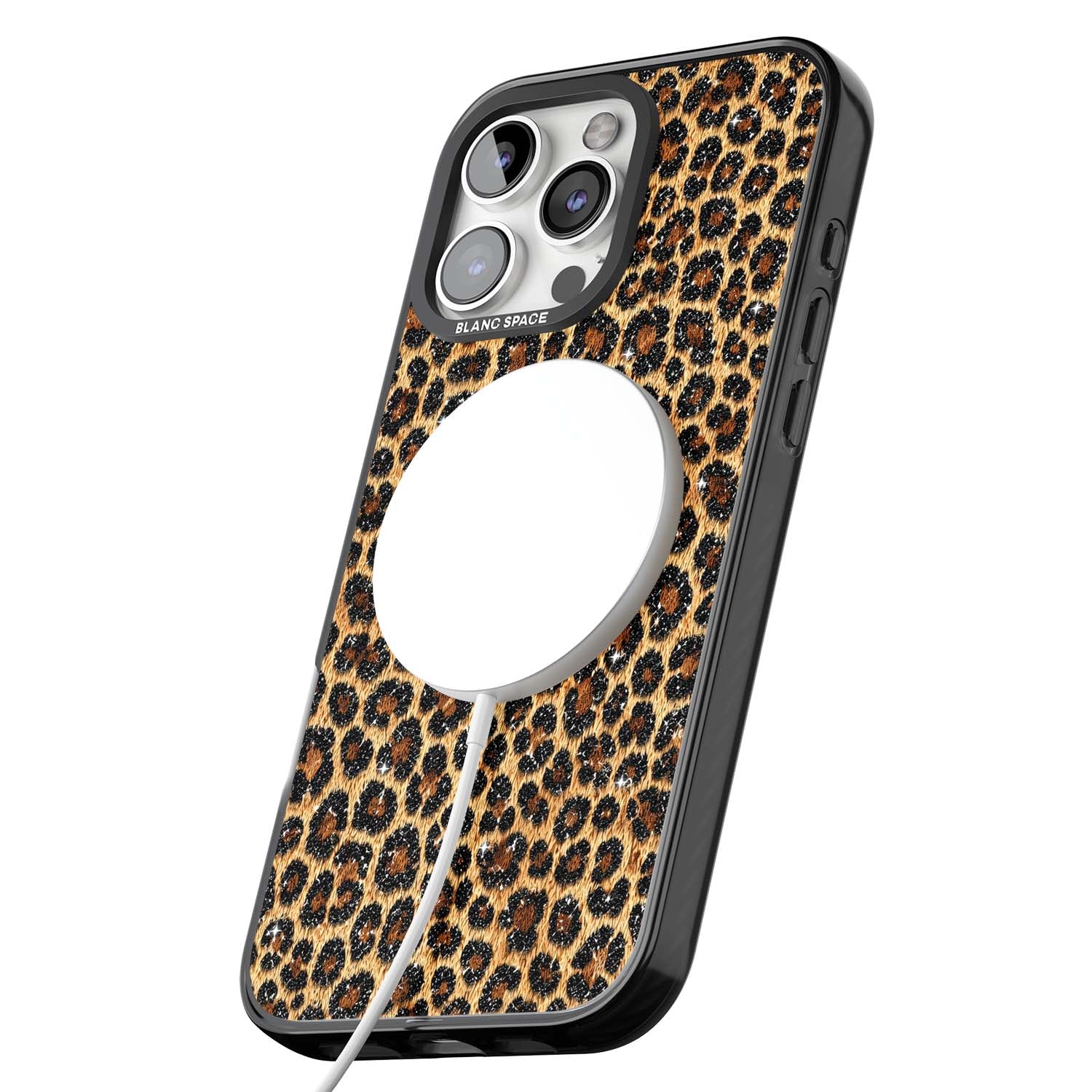 Diamond Leopard leopard print iPhone case featuring golden tan fur, black rosette spots and subtle glitter sparkle | Black Impact Magsafe case for iPhone 16 Pro, iPhone 16 Pro Max
