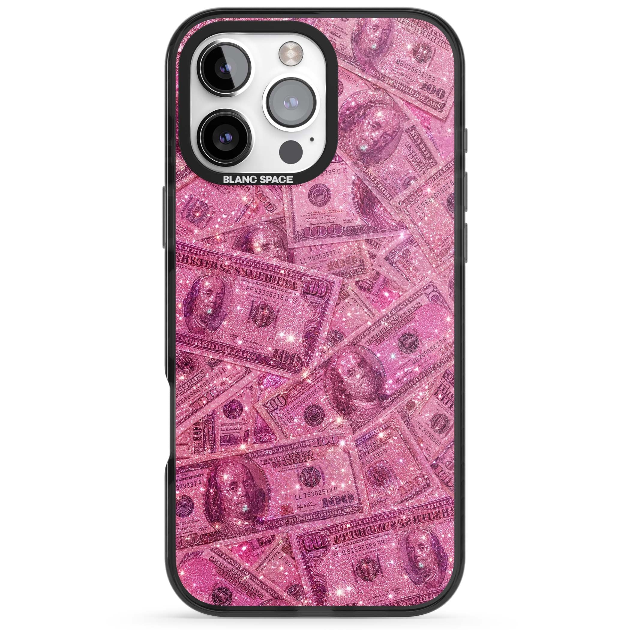 Glamorous baddie iPhone case featuring pink glitter hundred dollar bills and sparkling money wallpaper design | Black Impact Magsafe case for iPhone 16 Pro, iPhone 16 Pro Max