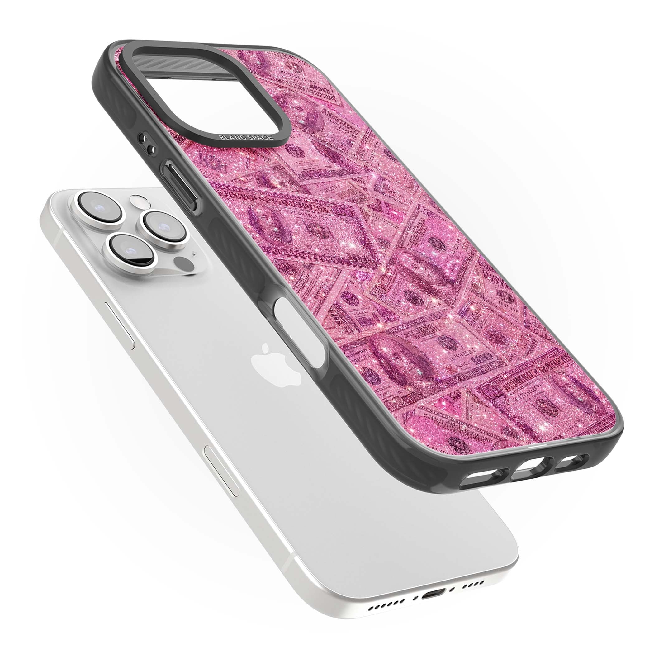 Glamorous baddie iPhone case featuring pink glitter hundred dollar bills and sparkling money wallpaper design | Black Impact Magsafe case for iPhone 16 Pro, iPhone 16 Pro Max