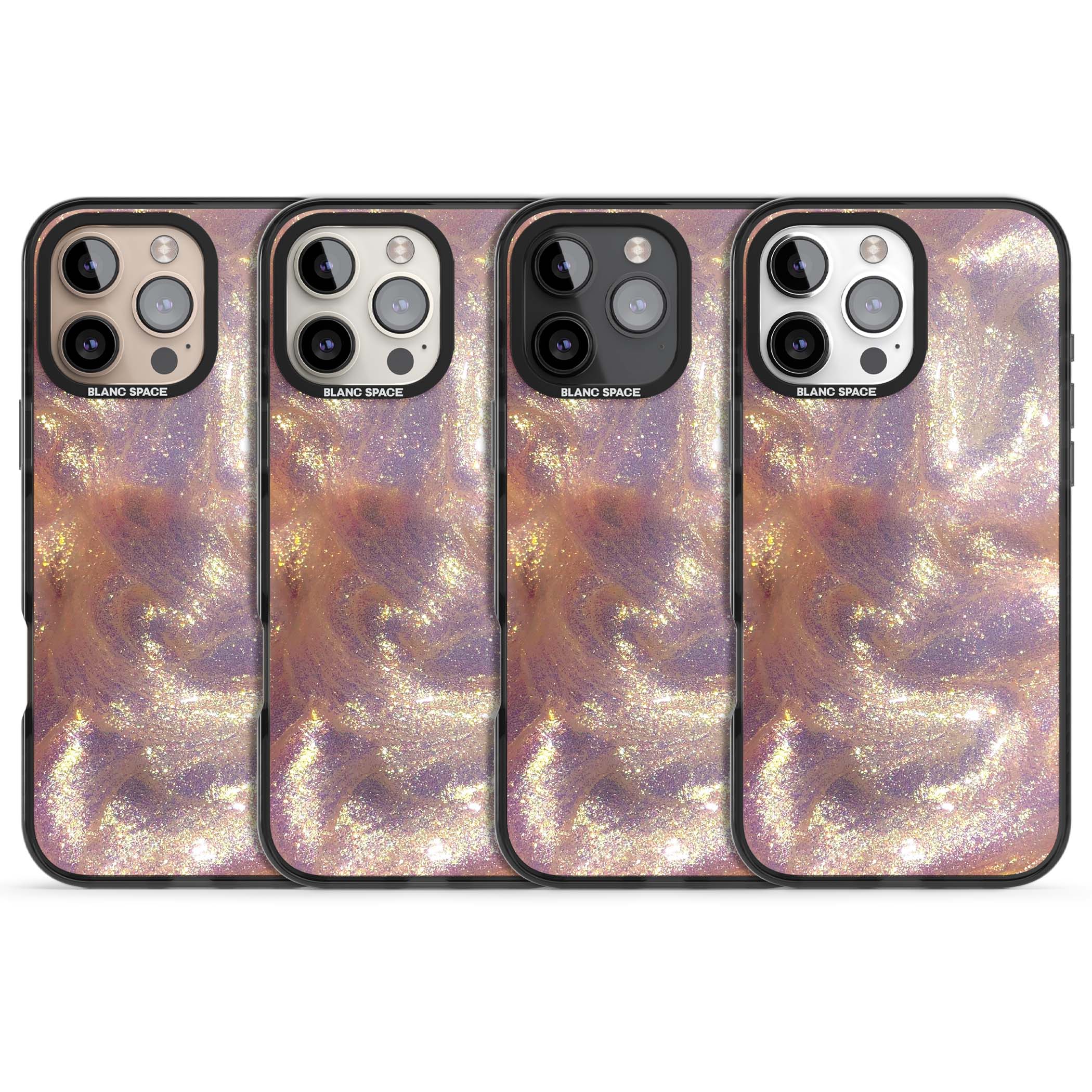 Shimmer marble iPhone case featuring rose gold glitter swirls, lilac shimmer and iridescent pearl finish | Black Impact Magsafe case for iPhone 16 Pro, iPhone 16 Pro Max