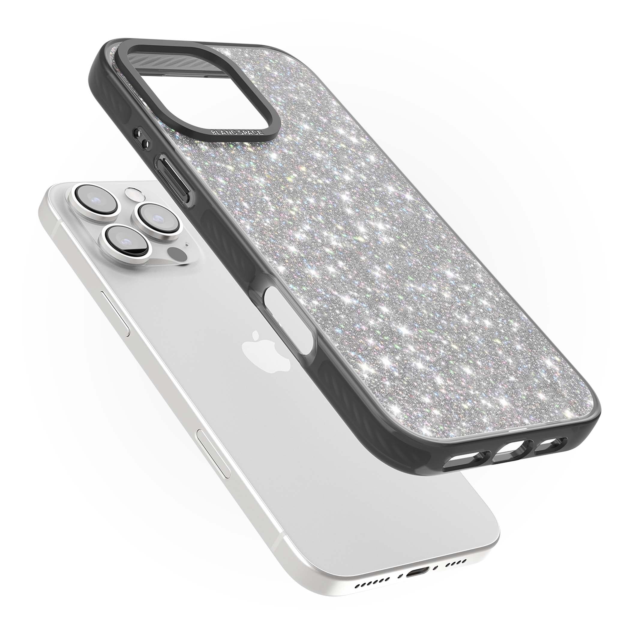 Diamond glam iPhone case featuring silver glitter sparkle and shimmering diamond dust effect | Black Impact Magsafe case for iPhone 16 Pro, iPhone 16 Pro Max