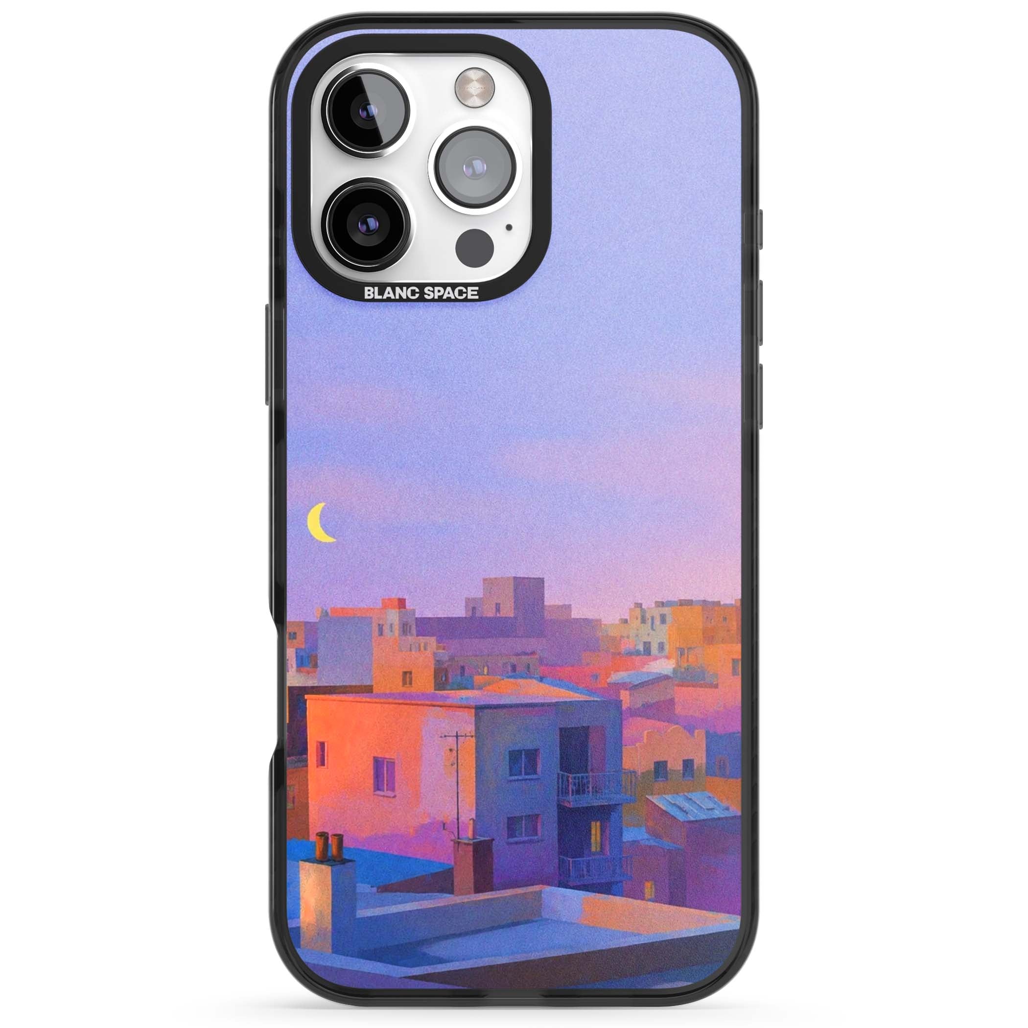 Twilight Rooftops vaporwave iPhone case featuring a pastel sunset cityscape, painted rooftops and a crescent moon. | Black Impact Magsafe case for iPhone 16 Pro, iPhone 16 Pro Max