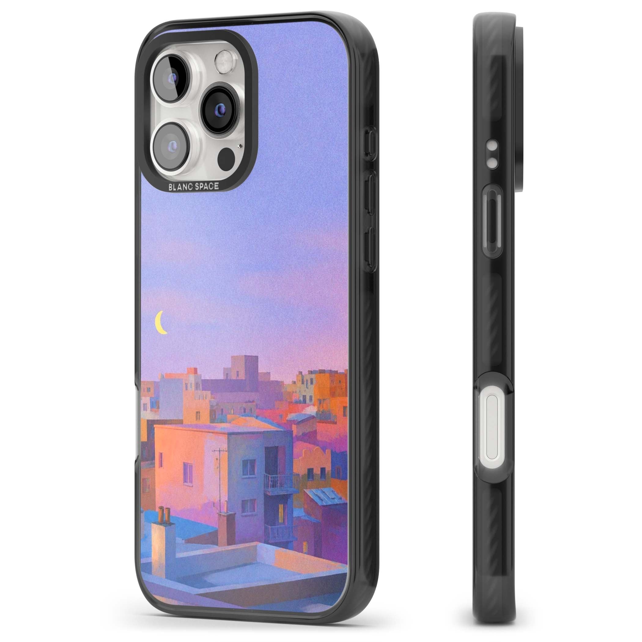 Twilight Rooftops vaporwave iPhone case featuring a pastel sunset cityscape, painted rooftops and a crescent moon. | Black Impact Magsafe case for iPhone 16 Pro, iPhone 16 Pro Max