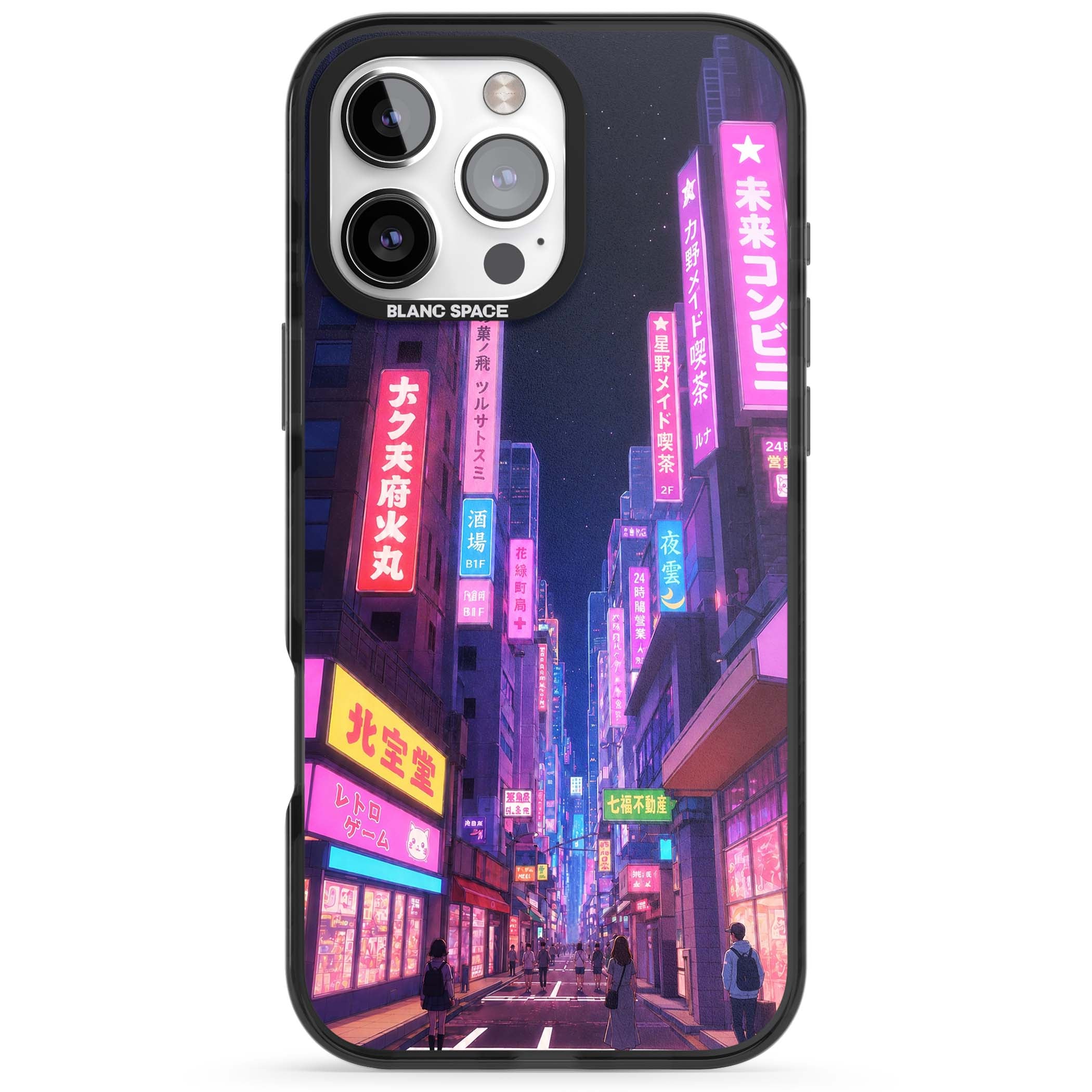 Shibuya At Night Japanese neon city iPhone case featuring glowing kanji signs, pink storefronts and a Tokyo street at n | Black Impact Magsafe case for iPhone 16 Pro, iPhone 16 Pro Max