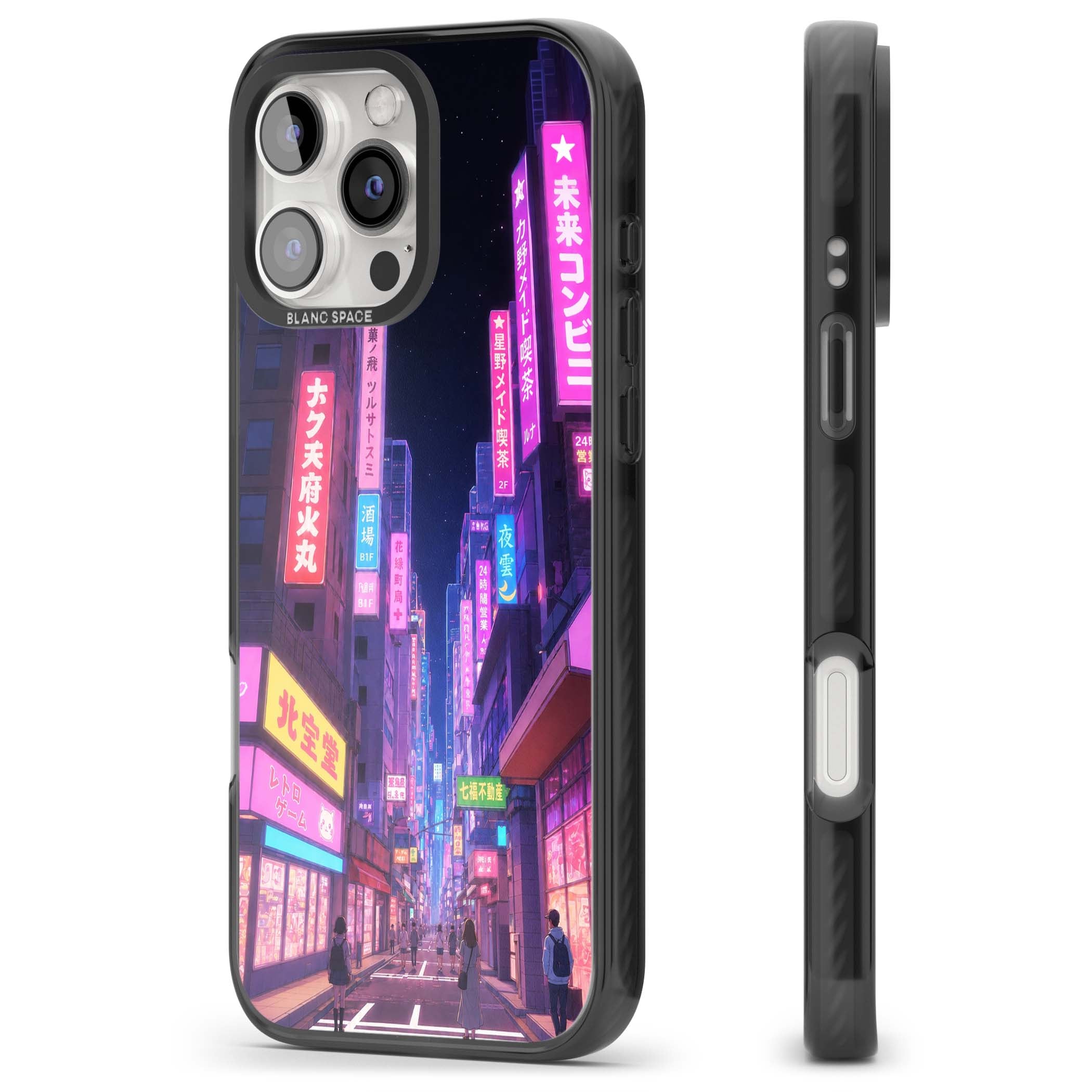 Shibuya At Night Japanese neon city iPhone case featuring glowing kanji signs, pink storefronts and a Tokyo street at n | Black Impact Magsafe case for iPhone 16 Pro, iPhone 16 Pro Max