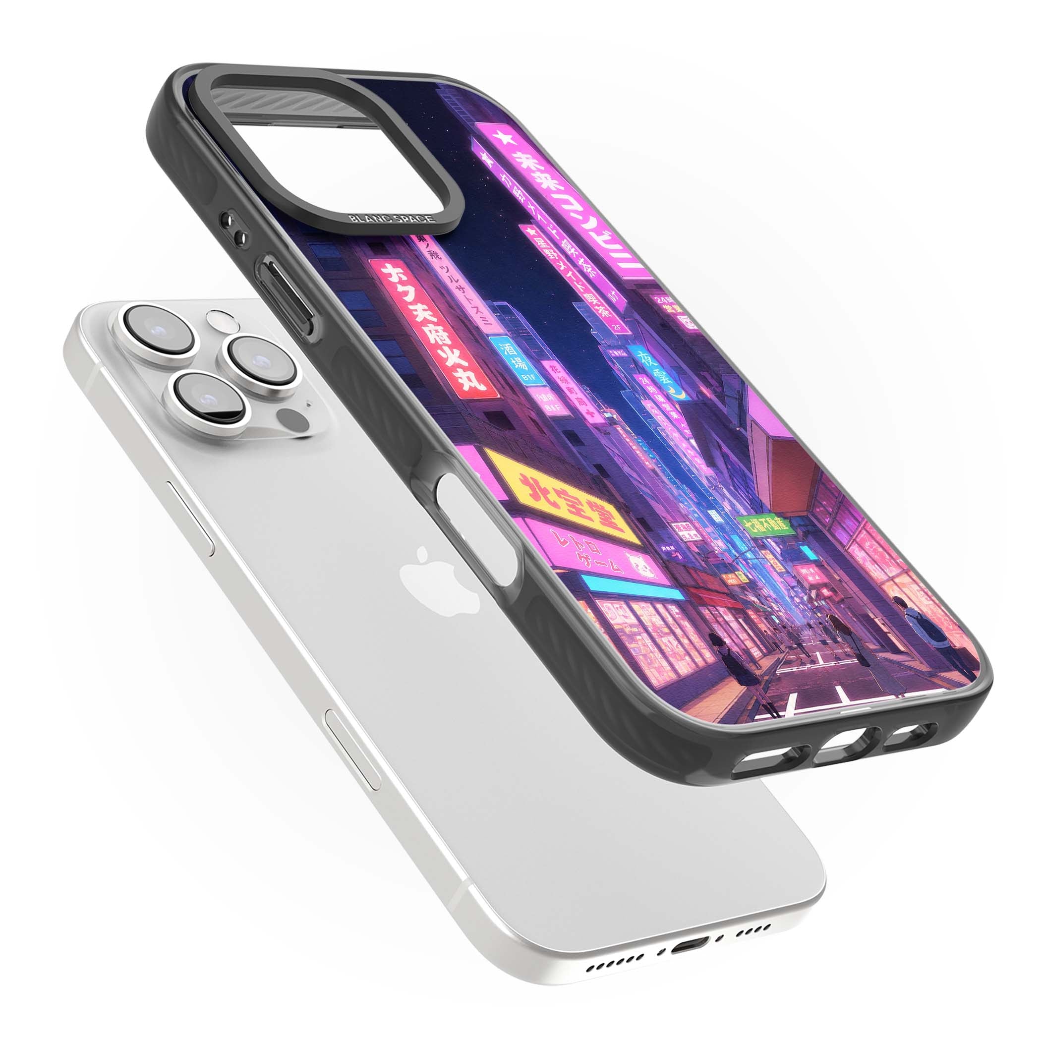 Shibuya At Night Japanese neon city iPhone case featuring glowing kanji signs, pink storefronts and a Tokyo street at n | Black Impact Magsafe case for iPhone 16 Pro, iPhone 16 Pro Max