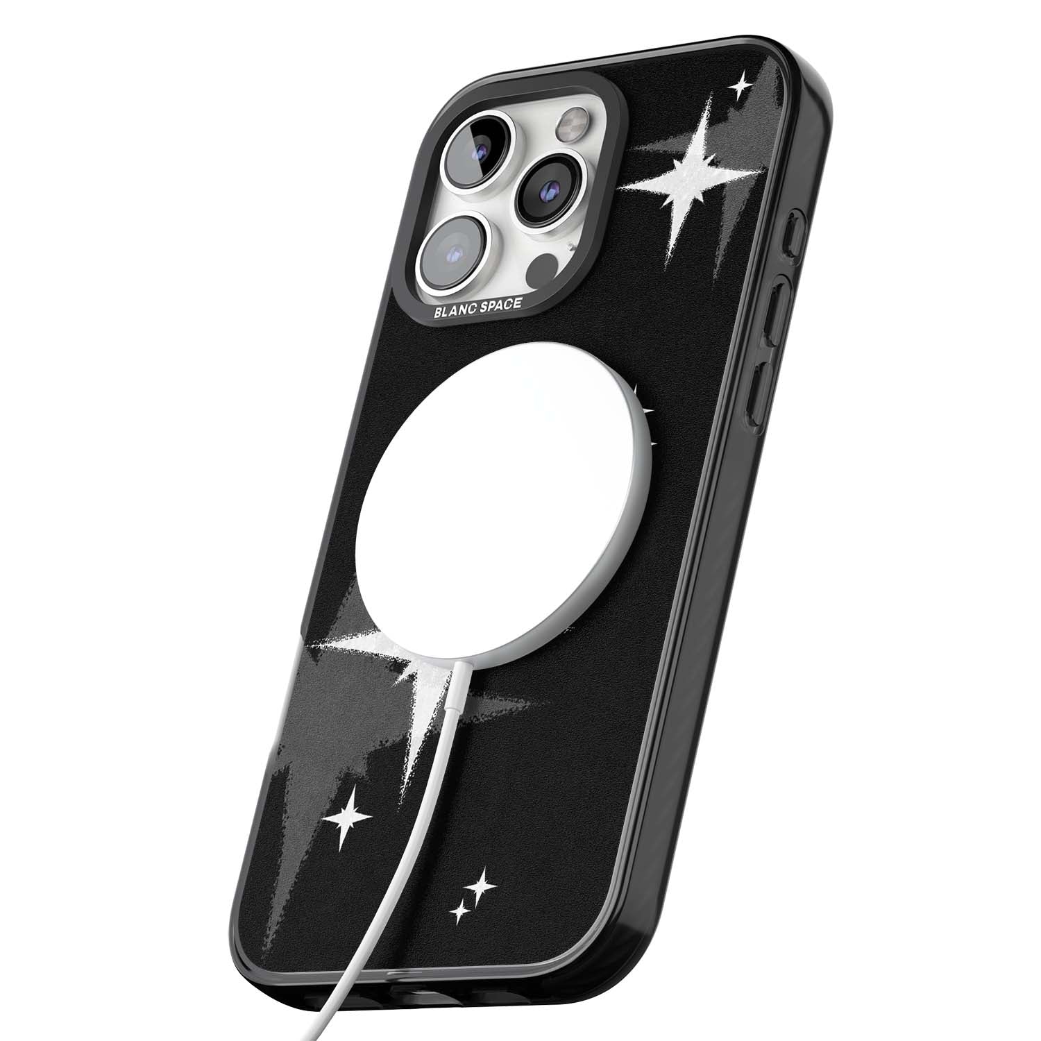 Black Sparkle celestial iPhone case featuring white sparkle stars on a black night sky background | Black Impact Magsafe case for iPhone 16 Pro, iPhone 16 Pro Max