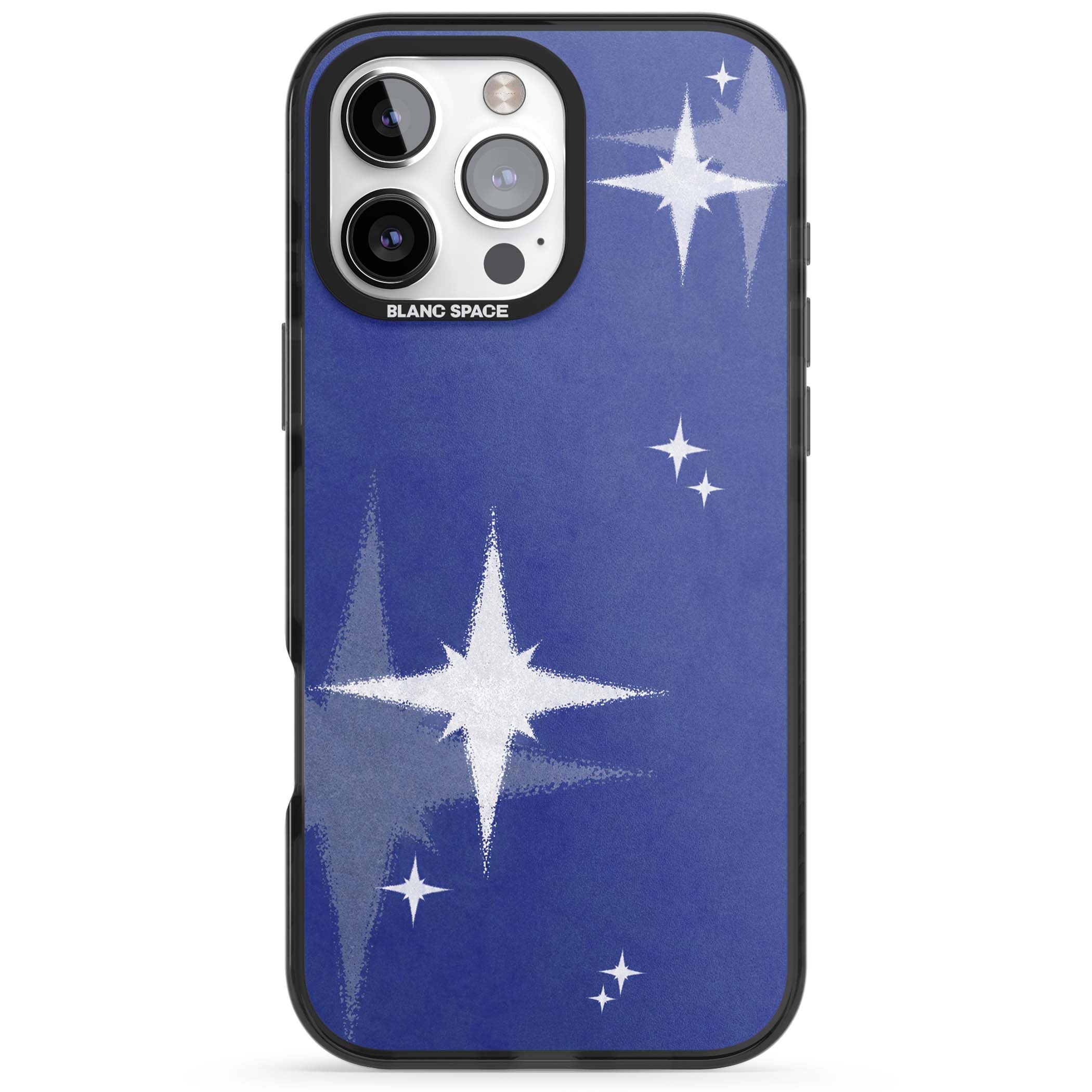 Blue Sparkle celestial iPhone case featuring sparkling silver stars on a deep blue painterly night sky | Black Impact Magsafe case for iPhone 16 Pro, iPhone 16 Pro Max