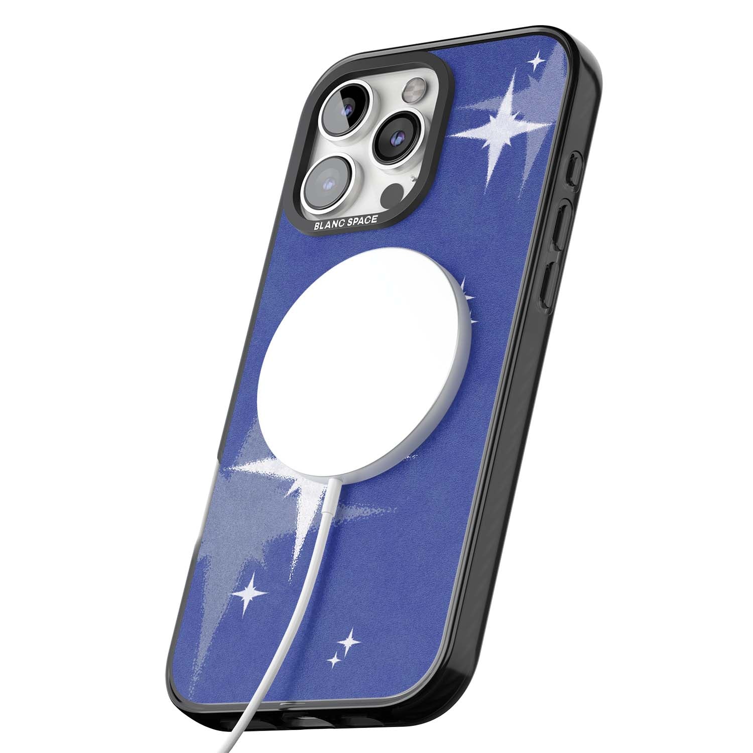 Blue Sparkle celestial iPhone case featuring sparkling silver stars on a deep blue painterly night sky | Black Impact Magsafe case for iPhone 16 Pro, iPhone 16 Pro Max