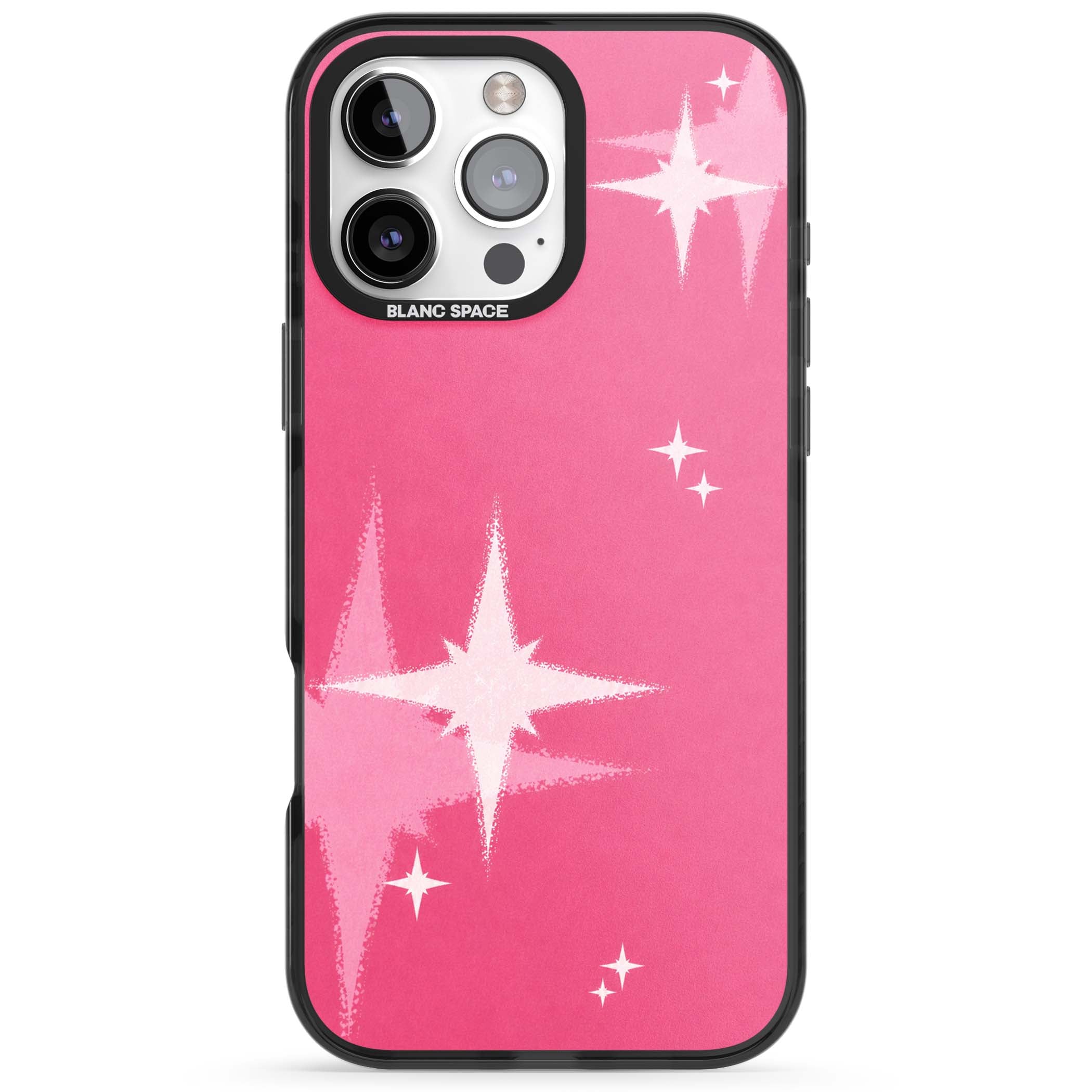 Pink Sparkle Y2K iPhone case featuring hot pink background with shimmering white starburst pattern | Black Impact Magsafe case for iPhone 16 Pro, iPhone 16 Pro Max