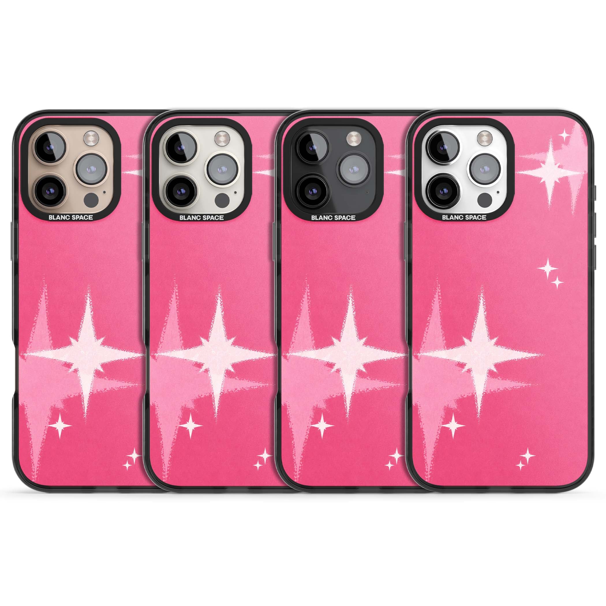 Pink Sparkle Y2K iPhone case featuring hot pink background with shimmering white starburst pattern | Black Impact Magsafe case for iPhone 16 Pro, iPhone 16 Pro Max