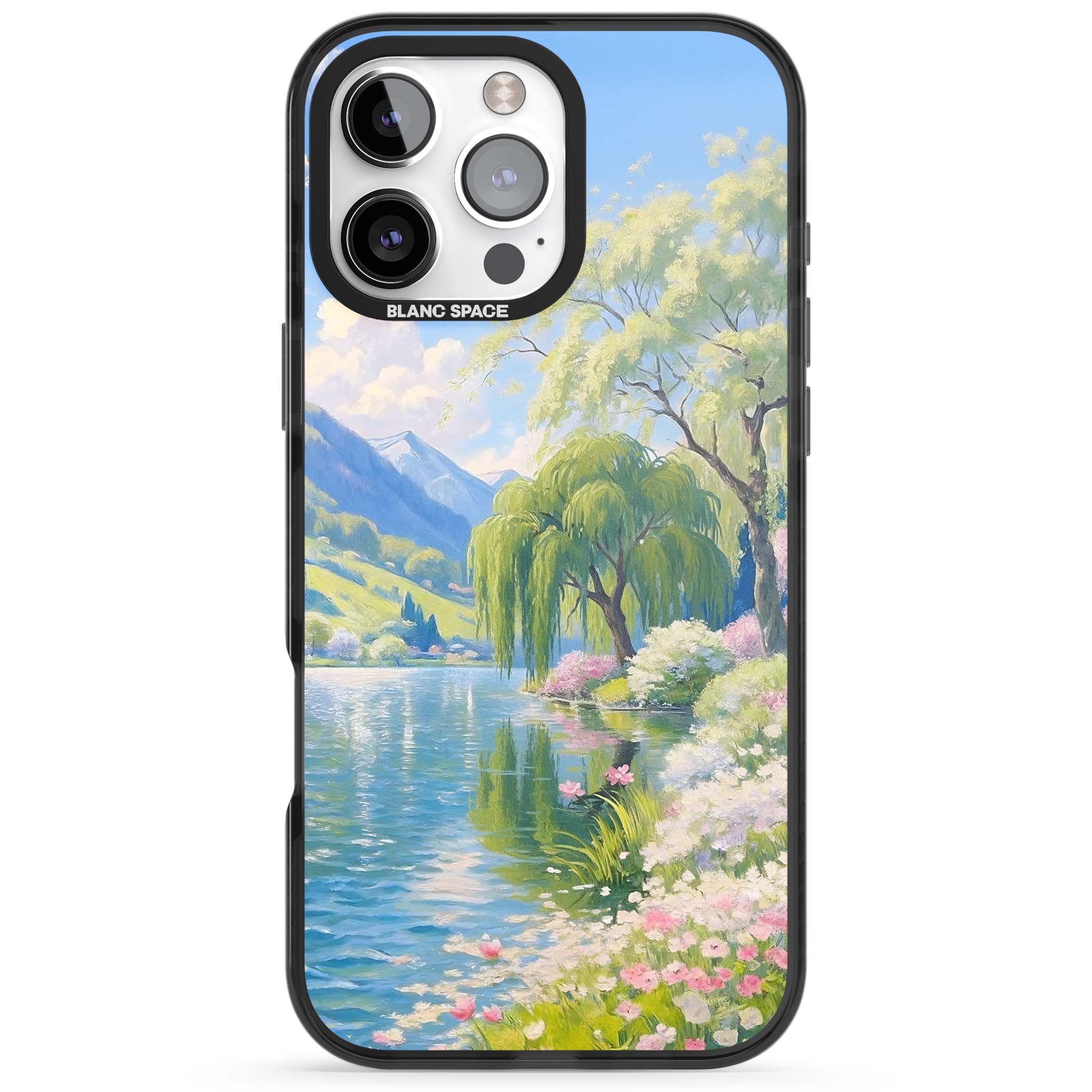 Willow Lake cottagecore iPhone case featuring a painted lakeside with weeping willow, blossoms and distant mountains | Black Impact Magsafe case for iPhone 16 Pro, iPhone 16 Pro Max