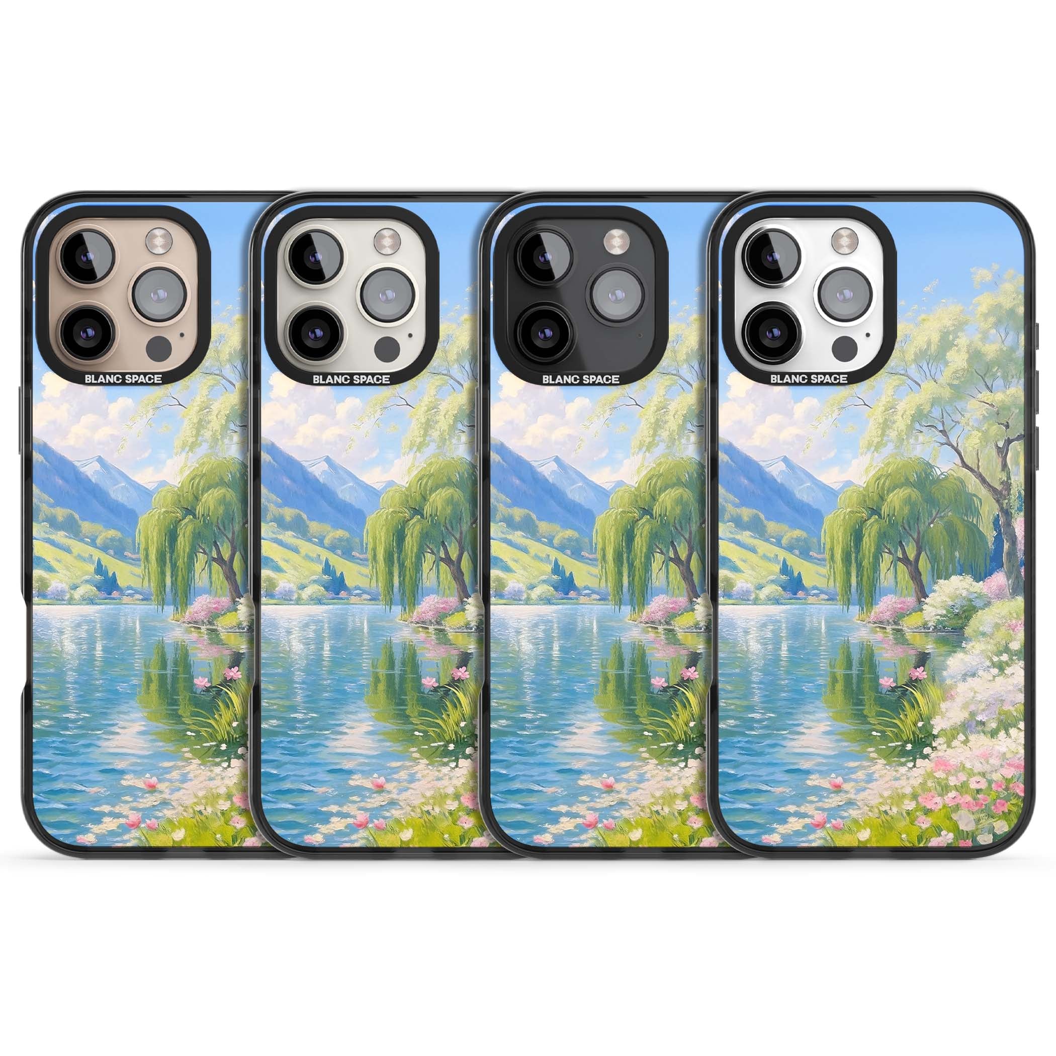 Willow Lake cottagecore iPhone case featuring a painted lakeside with weeping willow, blossoms and distant mountains | Black Impact Magsafe case for iPhone 16 Pro, iPhone 16 Pro Max