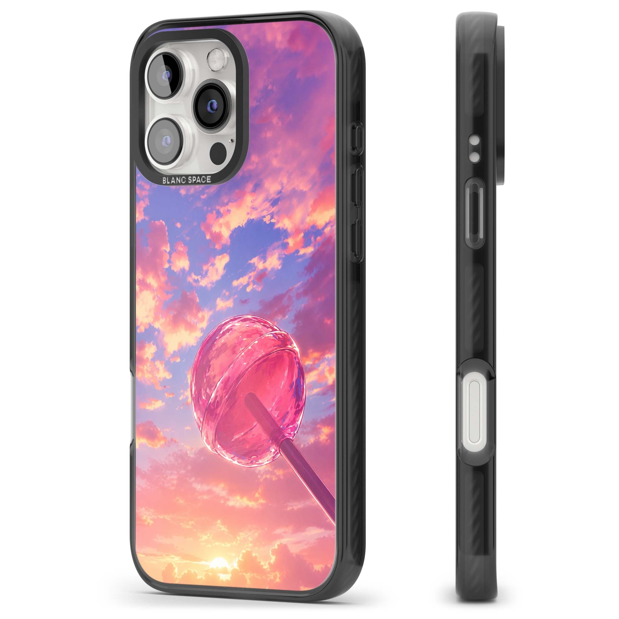 Sugar Sunset candy aesthetic iPhone case featuring a pink lollipop, pastel sunset sky and dreamy clouds | Black Impact Magsafe case for iPhone 16 Pro, iPhone 16 Pro Max