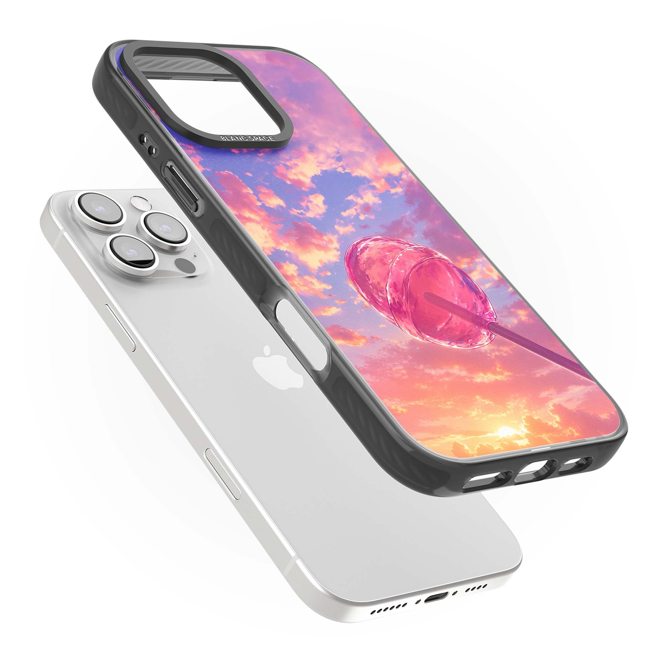 Sugar Sunset candy aesthetic iPhone case featuring a pink lollipop, pastel sunset sky and dreamy clouds | Black Impact Magsafe case for iPhone 16 Pro, iPhone 16 Pro Max