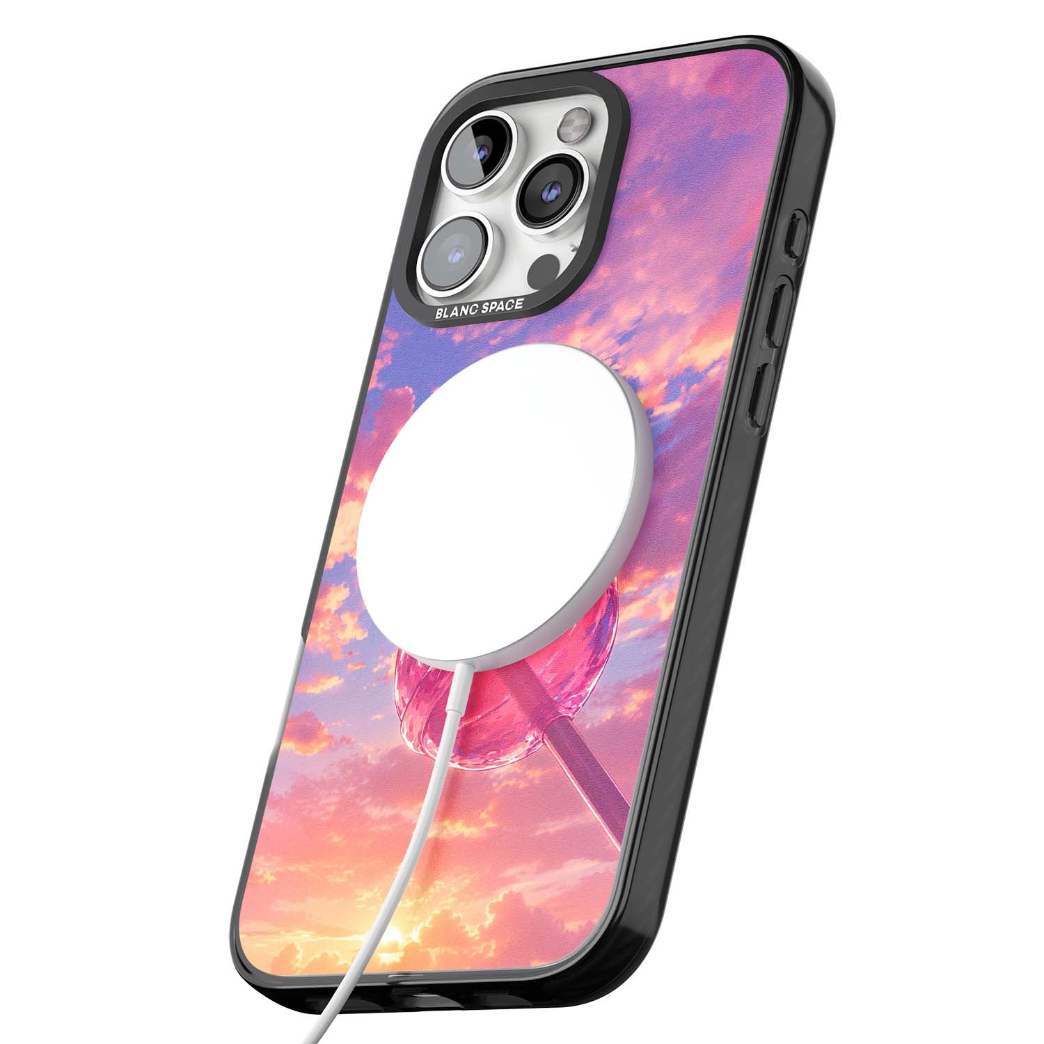 Sugar Sunset candy aesthetic iPhone case featuring a pink lollipop, pastel sunset sky and dreamy clouds | Black Impact Magsafe case for iPhone 16 Pro, iPhone 16 Pro Max
