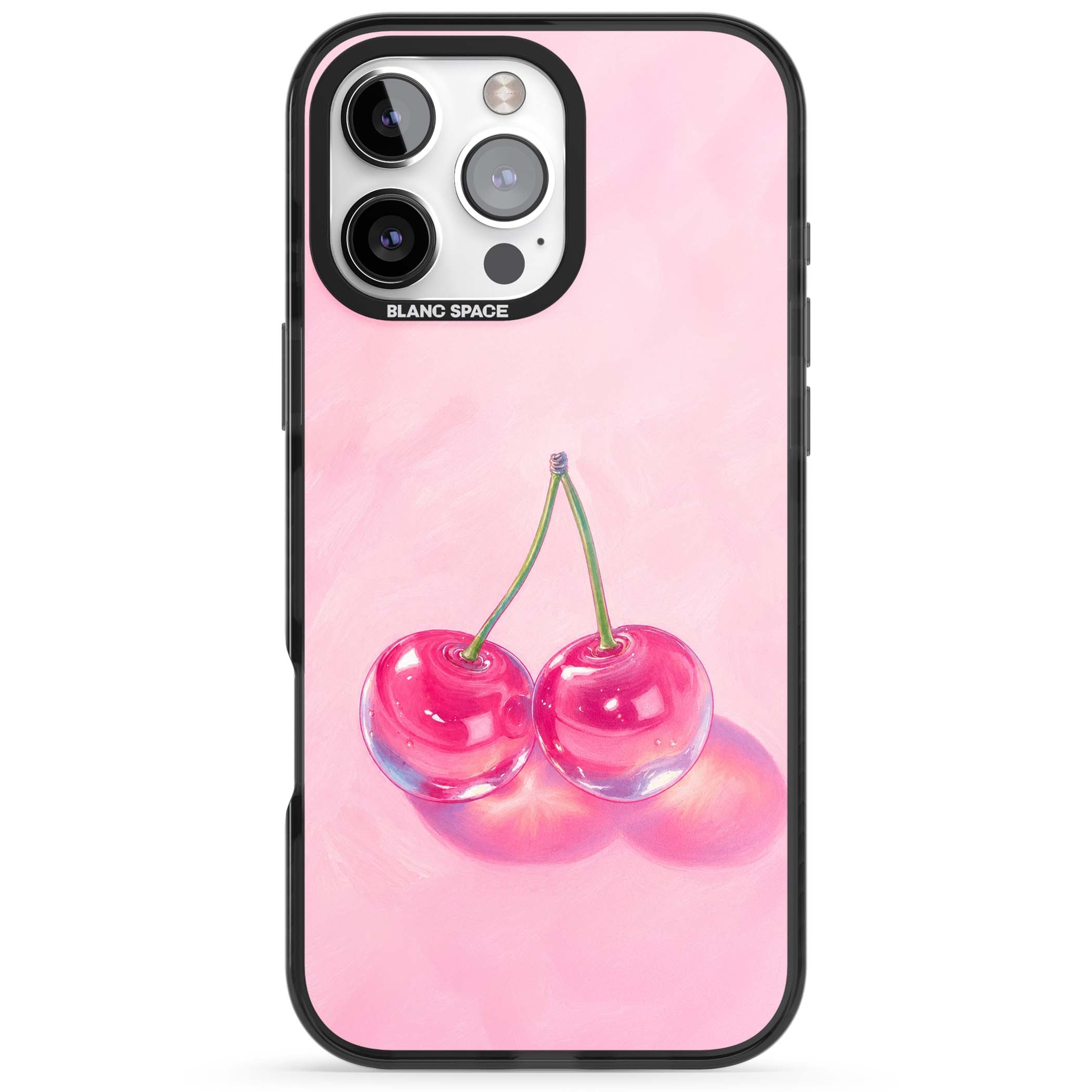 Pink Glass Cherry coquette iPhone case featuring two glossy painted cherries on a soft pink background | Black Impact Magsafe case for iPhone 16 Pro, iPhone 16 Pro Max