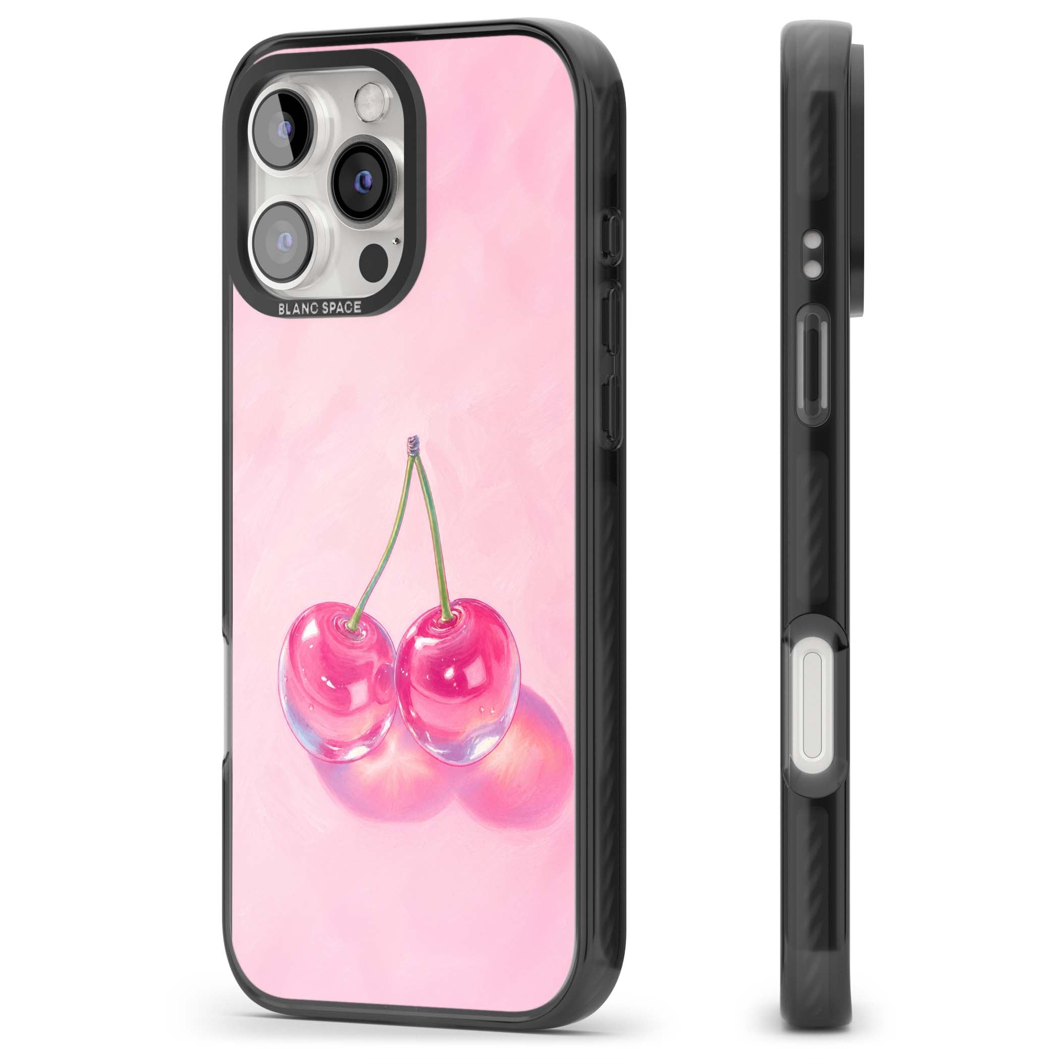 Pink Glass Cherry coquette iPhone case featuring two glossy painted cherries on a soft pink background | Black Impact Magsafe case for iPhone 16 Pro, iPhone 16 Pro Max