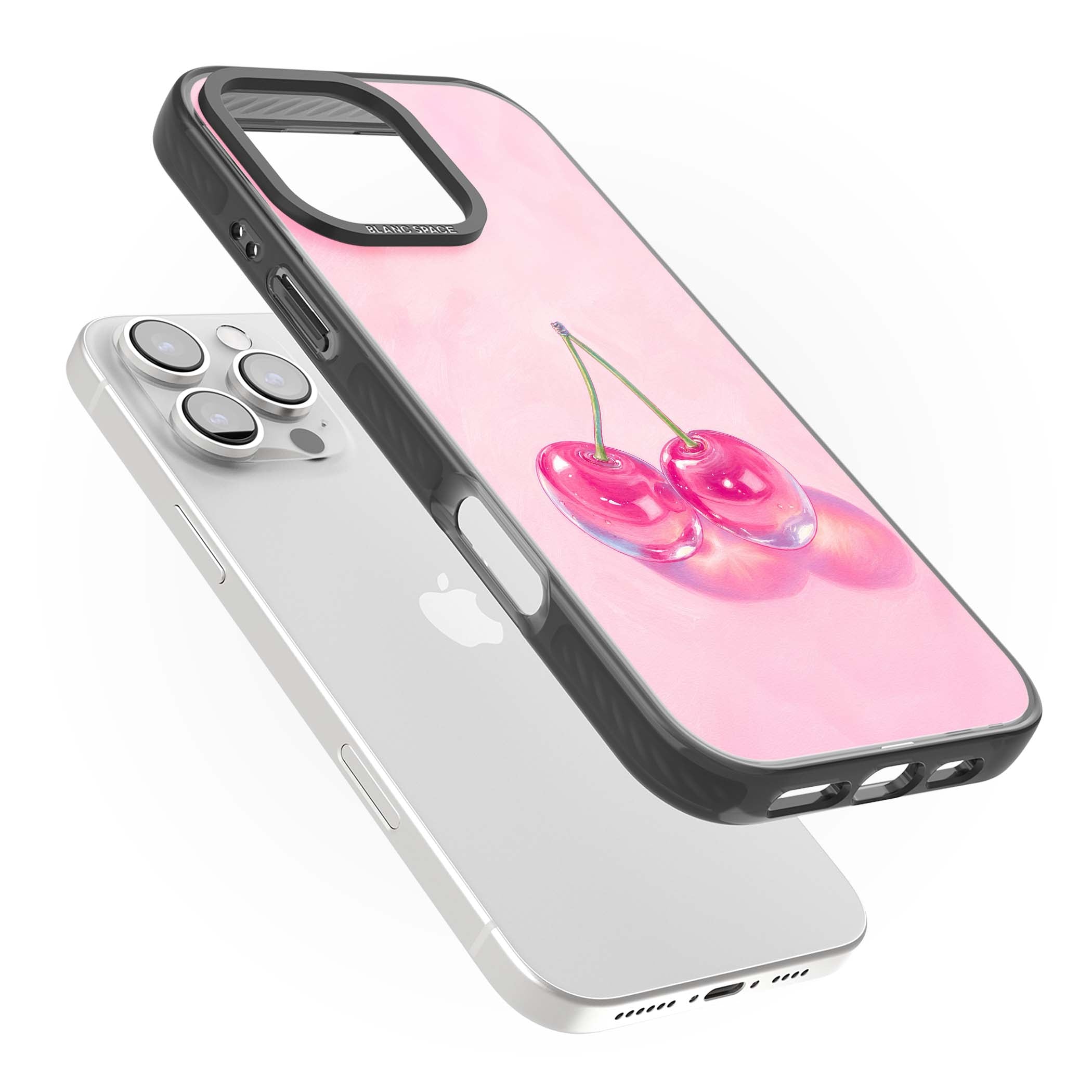 Pink Glass Cherry coquette iPhone case featuring two glossy painted cherries on a soft pink background | Black Impact Magsafe case for iPhone 16 Pro, iPhone 16 Pro Max