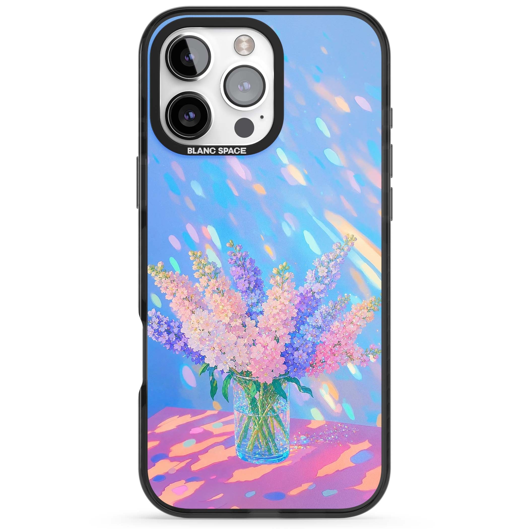 Bubblegum Flowers floral iPhone case featuring pastel lilac and pink bouquet in a glass vase with iridescent light | Black Impact Magsafe case for iPhone 16 Pro, iPhone 16 Pro Max