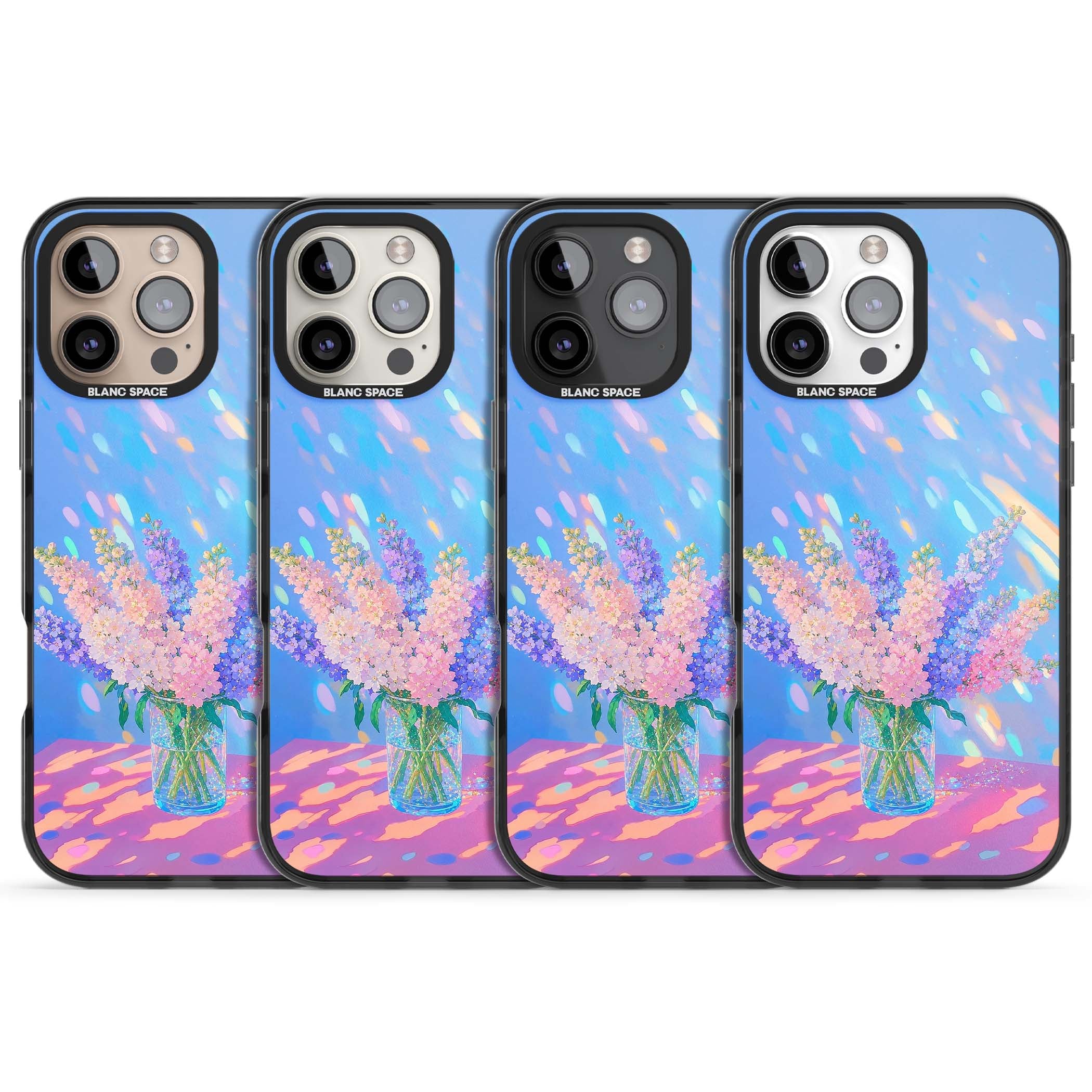 Bubblegum Flowers floral iPhone case featuring pastel lilac and pink bouquet in a glass vase with iridescent light | Black Impact Magsafe case for iPhone 16 Pro, iPhone 16 Pro Max
