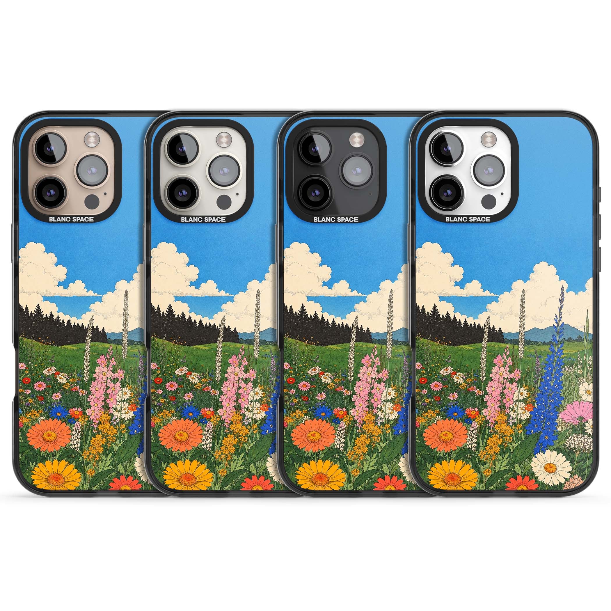 Wildbloom wildflower iPhone case featuring a vintage Japanese-style meadow landscape with daisies, delphiniums and moun | Black Impact Magsafe case for iPhone 16 Pro, iPhone 16 Pro Max