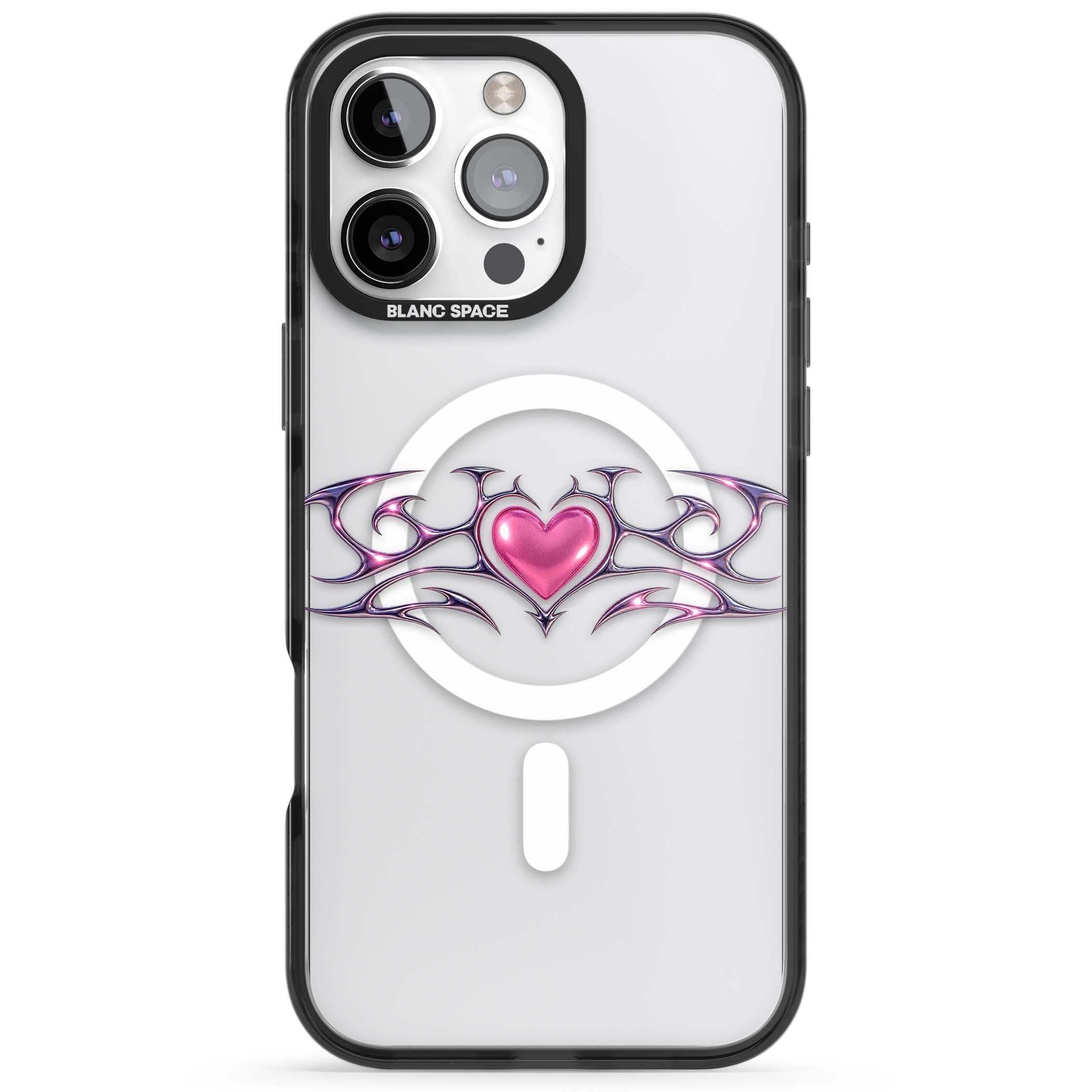 Pink Chrome Heart y2k iPhone case | Black Impact Magsafe case for iPhone 16 Pro, iPhone 16 Pro Max