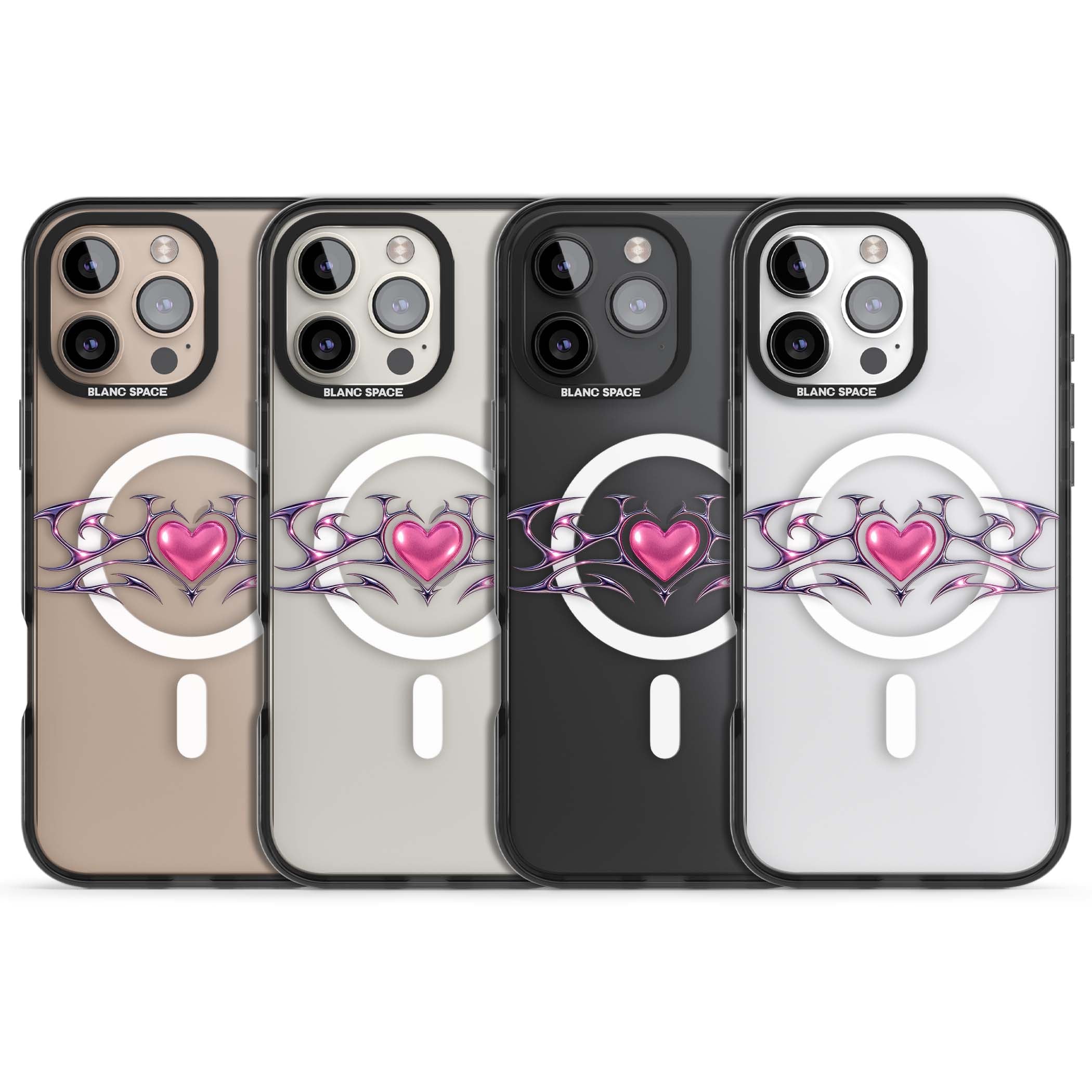 Pink Chrome Heart y2k iPhone case | Black Impact Magsafe case for iPhone 16 Pro, iPhone 16 Pro Max