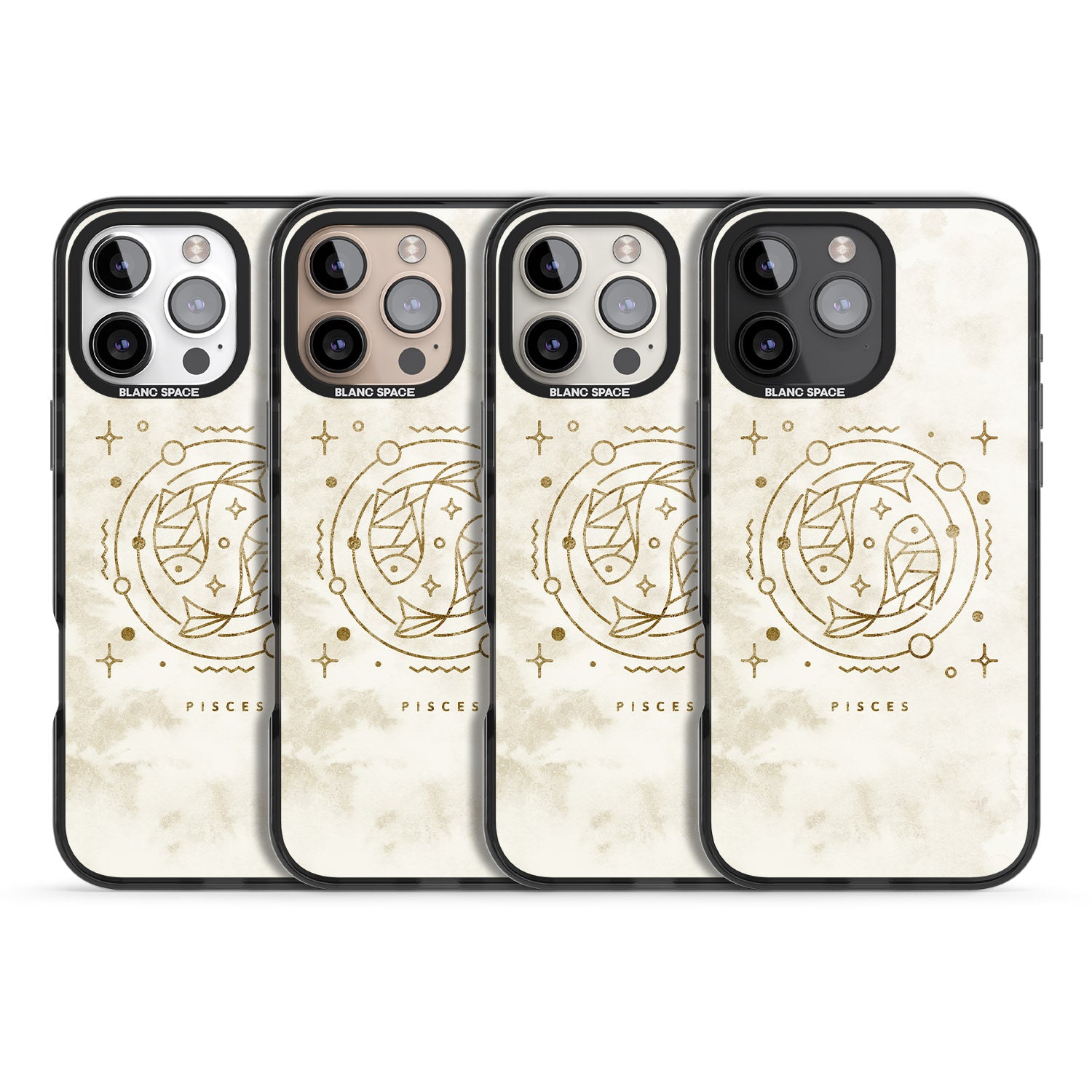 iPhone 16 Pro Max Pisces Emblem - Solid Gold Marbled Design Black Impact Phone Case