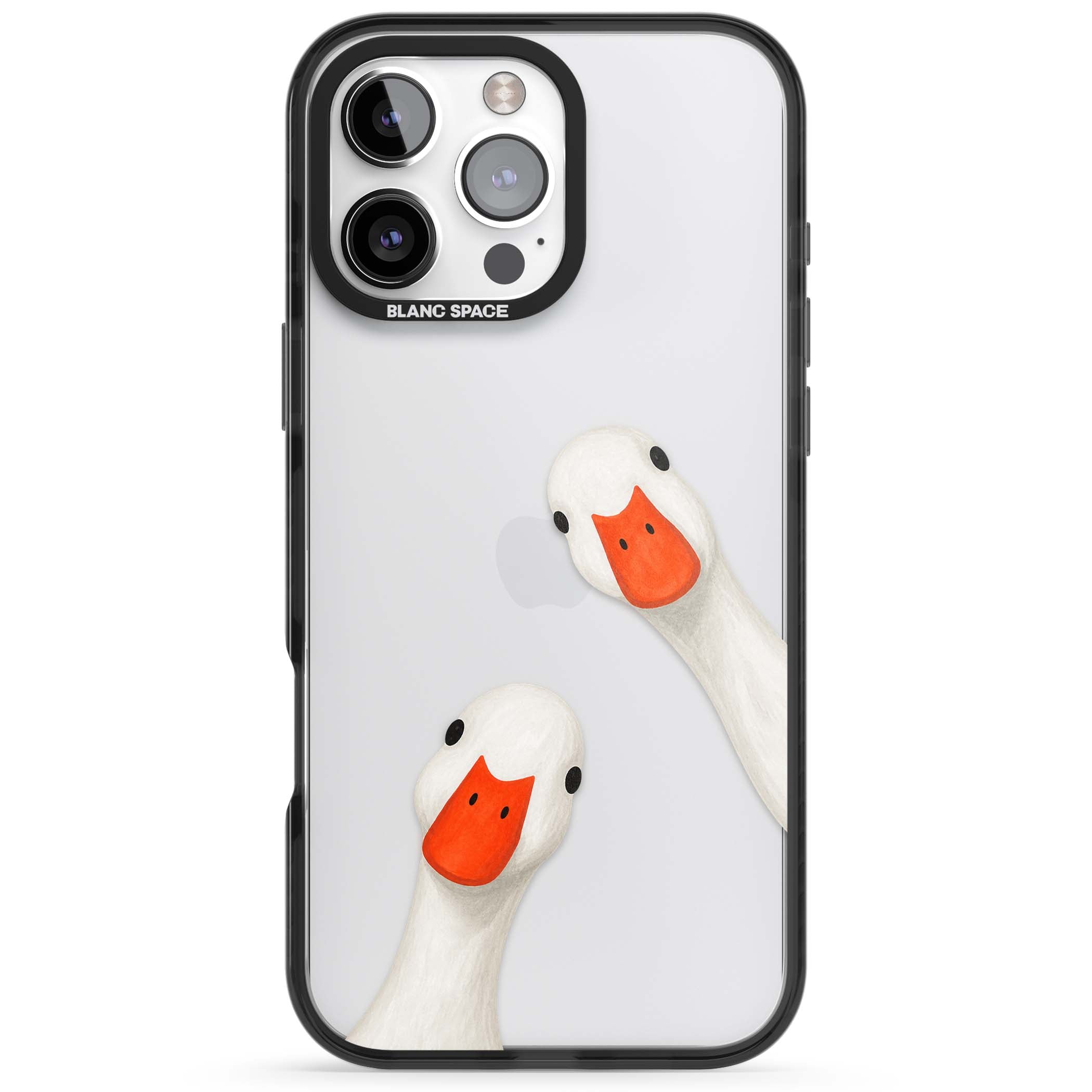 Nosy Ducks cottagecore iPhone case featuring two peeking white ducks with orange beaks on a clear background | Black Impact case for iPhone 16 Pro, iPhone 16 Pro Max