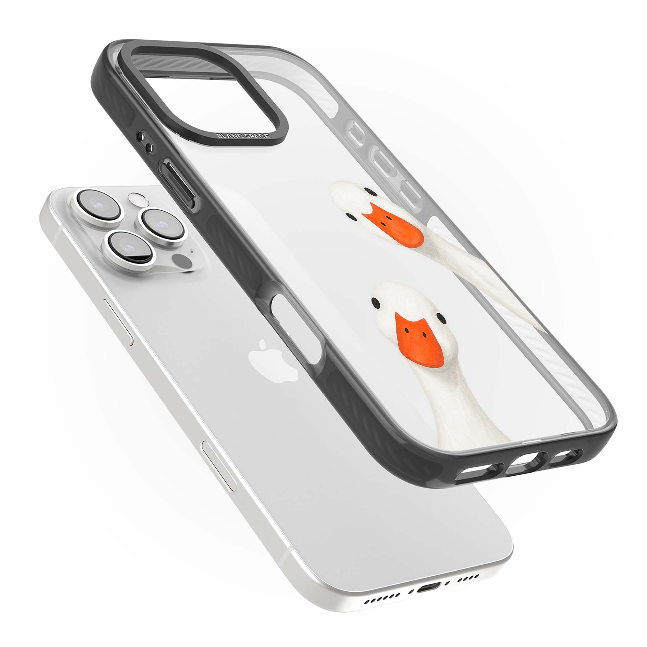 Nosy Ducks cottagecore iPhone case featuring two peeking white ducks with orange beaks on a clear background | Black Impact case for iPhone 16 Pro, iPhone 16 Pro Max