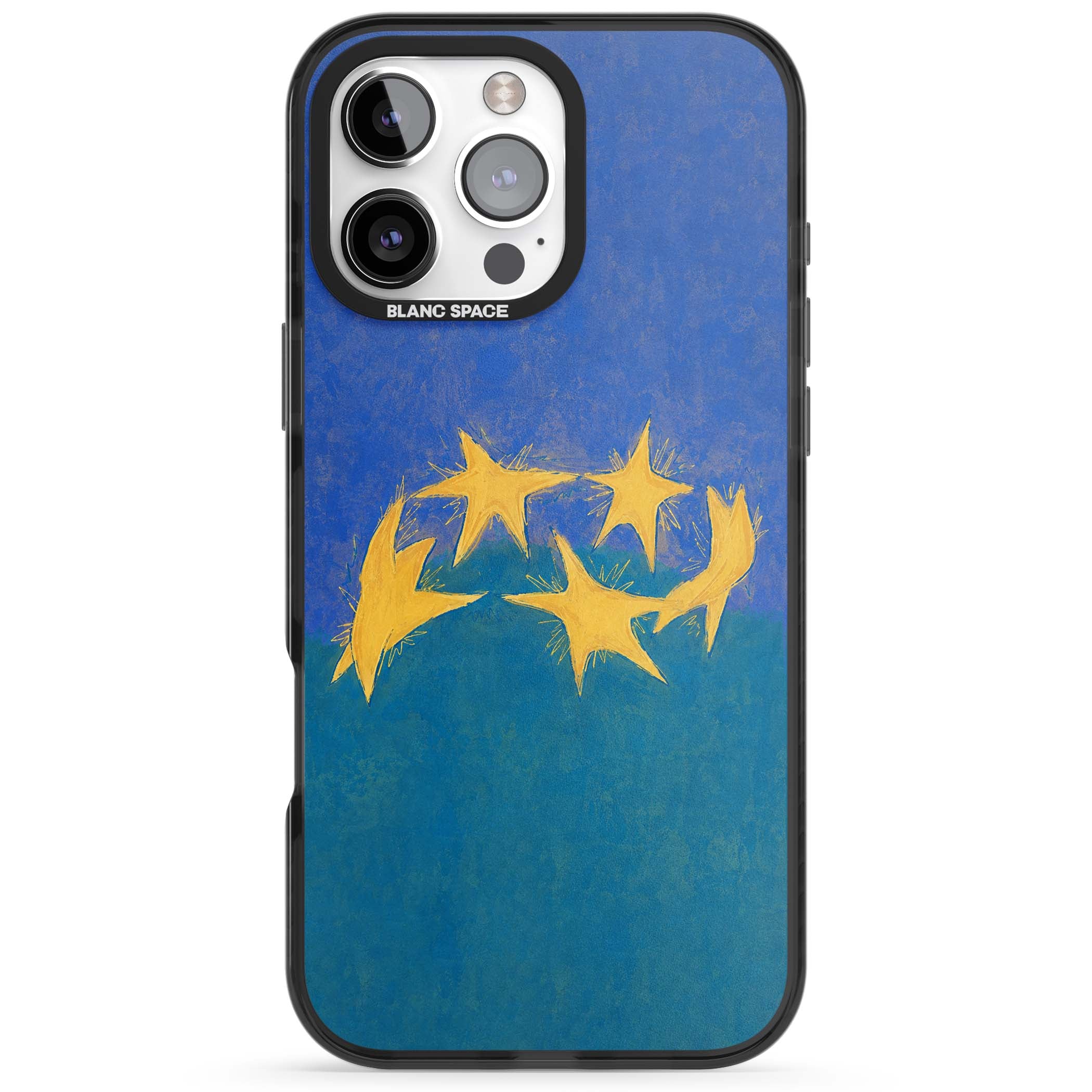 Star Boogie stars aesthetic iPhone case featuring five yellow hand-painted stars on cobalt blue and teal | Black Impact case for iPhone 16 Pro, iPhone 16 Pro Max