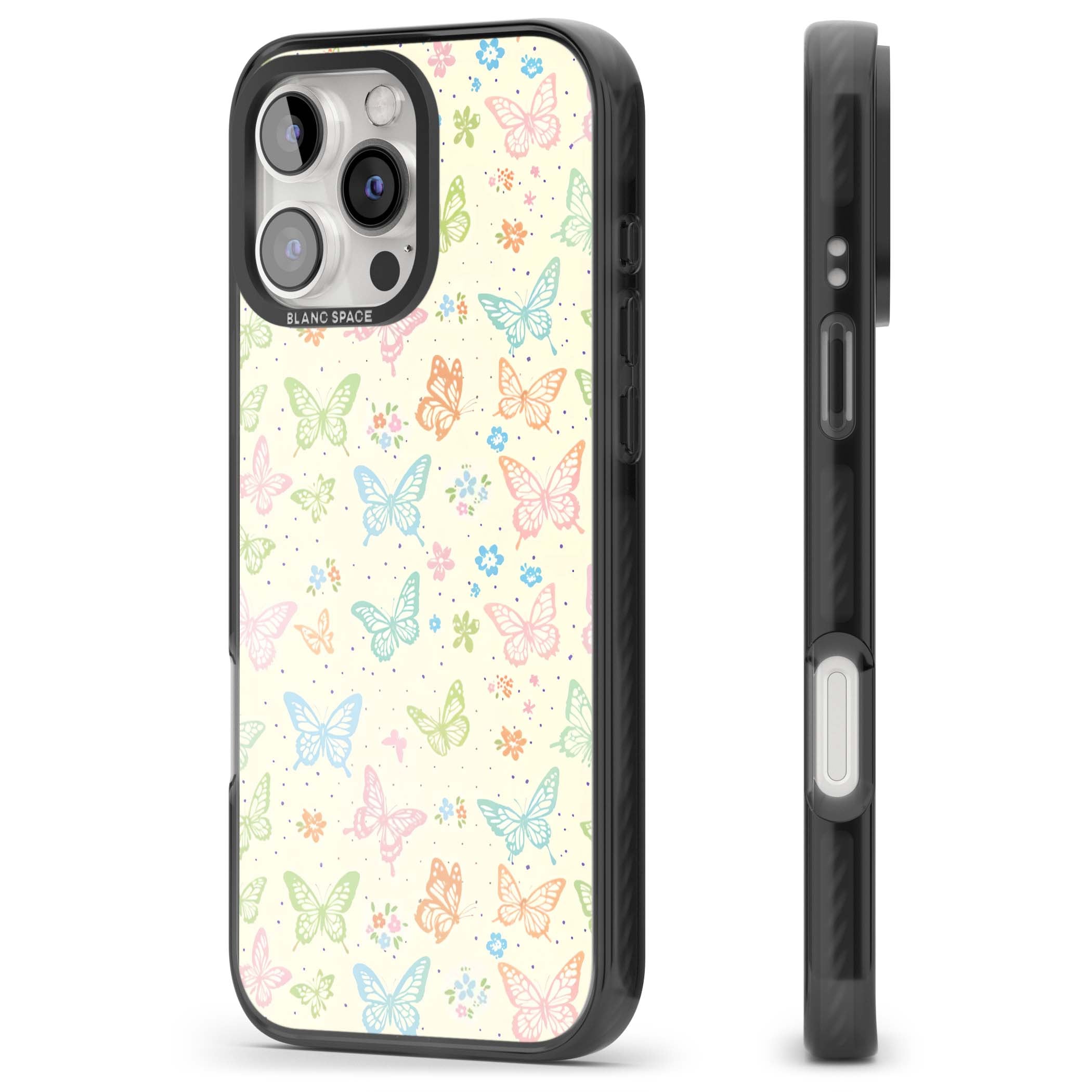 Sugar Wings cottagecore iPhone case featuring rainbow pastel butterflies, tiny wildflowers, and a cream background | Black Impact case for iPhone 16 Pro, iPhone 16 Pro Max