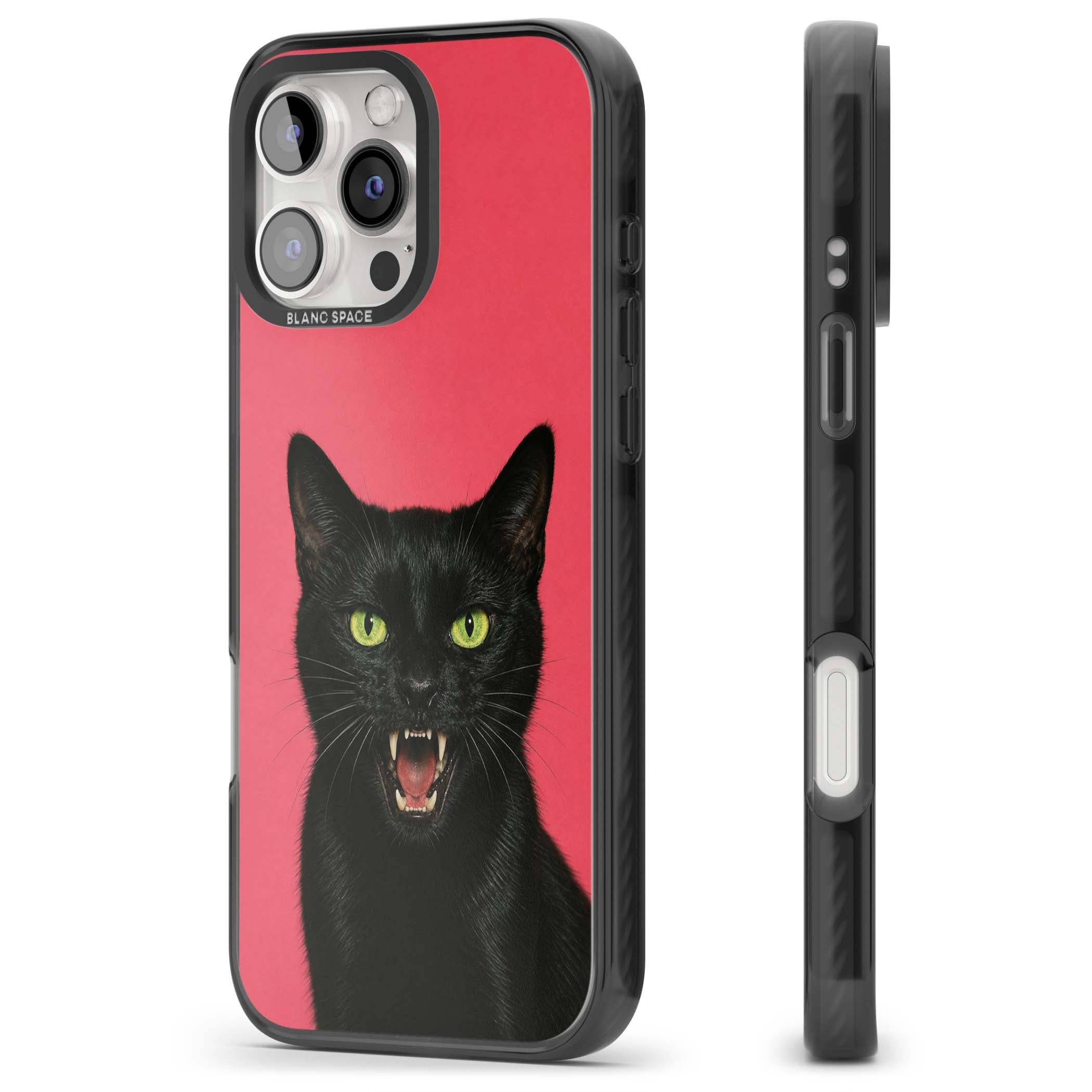 Hissin' Baddie black cat iPhone case featuring a hissing feline with green eyes on a hot pink background | Black Impact case for iPhone 16 Pro, iPhone 16 Pro Max